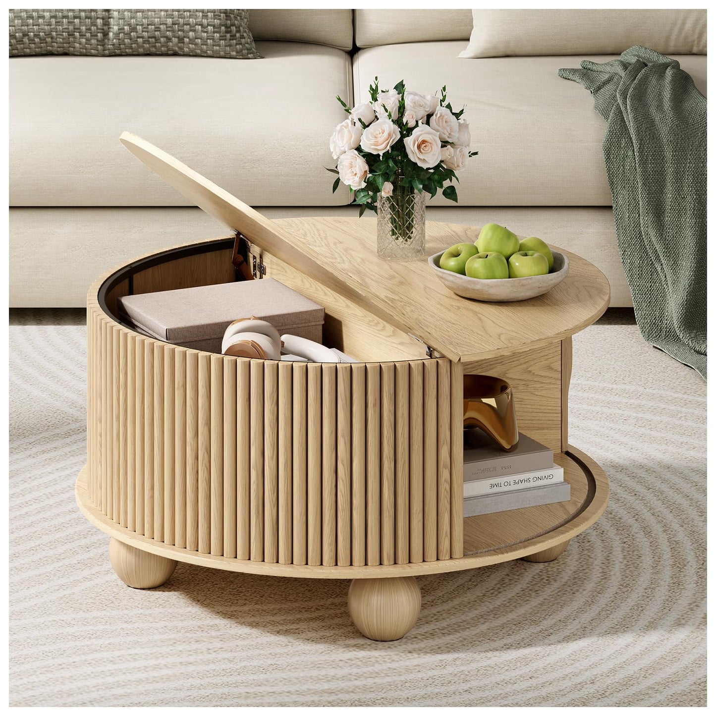 JOINICE, Round Coffee Table with Storage, 31.5" Mid-Century Modern Center Table with Sliding Door, Fluted Lift Up Coffee Table with Bun Feet, Wood Coffee Tables for Living Room, Home Small Space, Oak