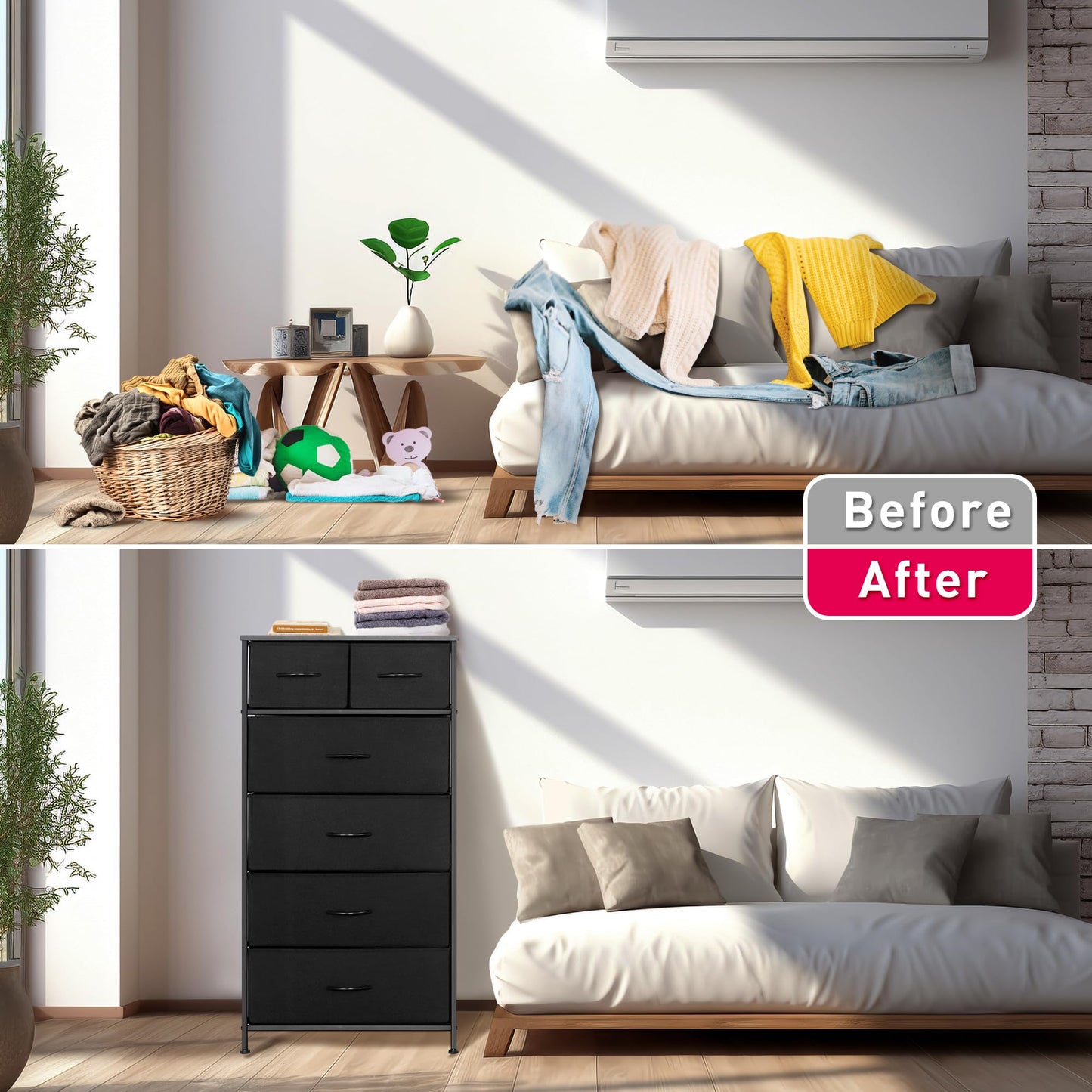 Mifuro Tall Dresser for Bedroom, Vertical Storage Organizer Tower with 6 Drawers, Chest of Drawers with Fabric Bins, Steel Frame, Wood Top for Bedroom, Closet, Entryway- Black