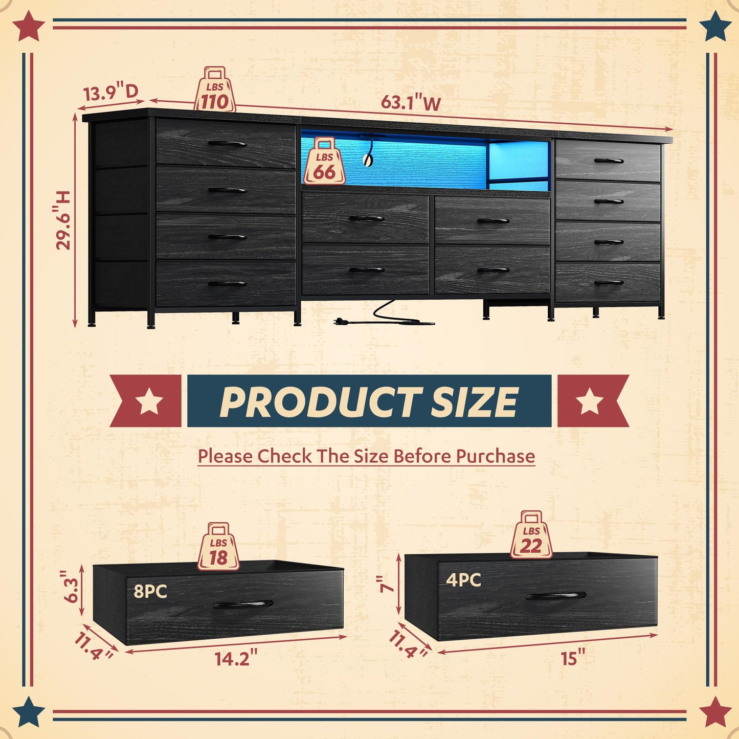 Romorgniz 63" Long Dresser for Bedroom with 12 Fabric Drawers Entertainment Center with LED Lights & Power Outlets TV Stand for 70 Inch TV, Storage Organizer for Bedroom, Black