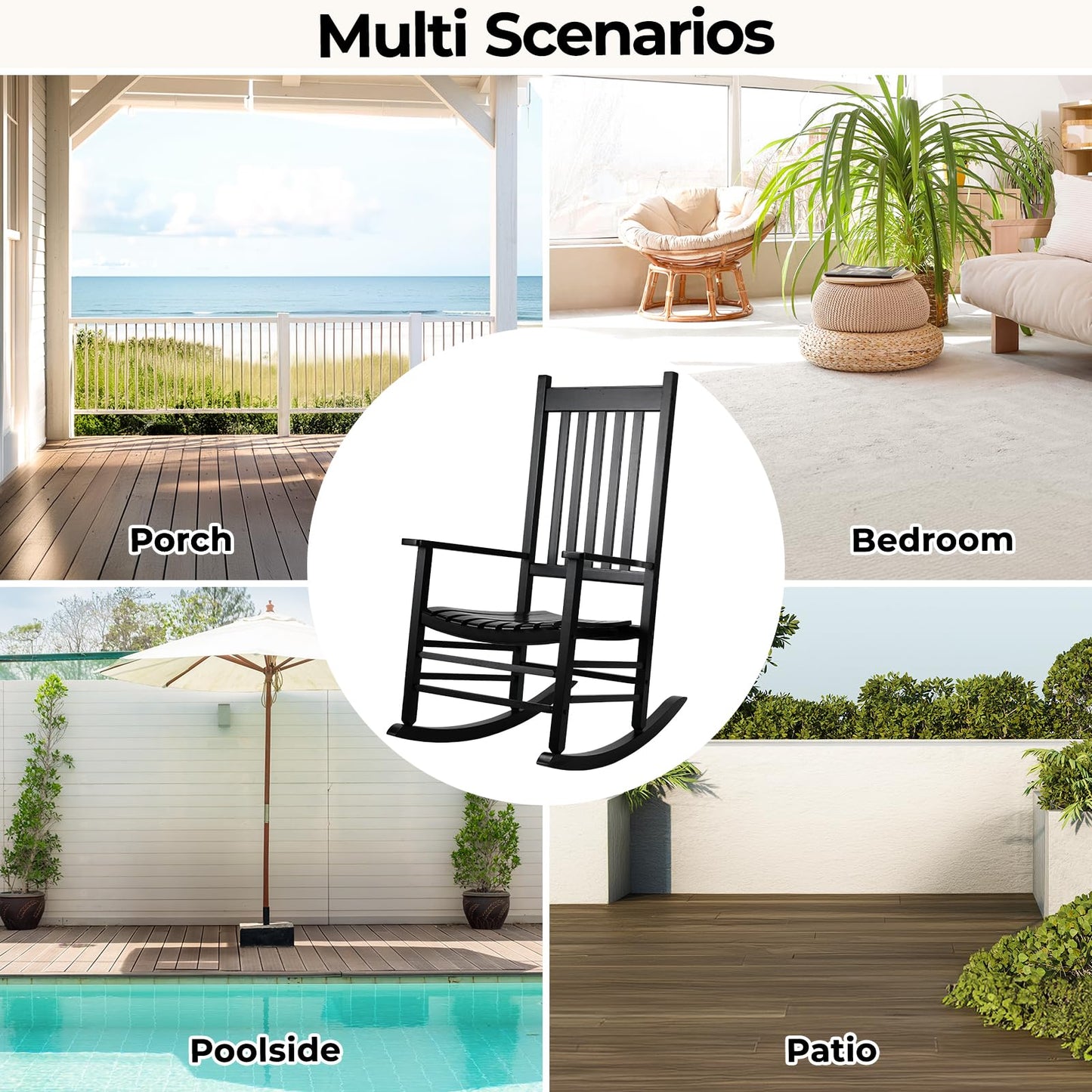 MAMIZO Outdoor Rocking Chair Set 3-Piece, Rocking Chair Patio Set of 2 with Side Table, with High Back,Indoors or Outdoor Wooden Rocker, Easy to Assemble for Porch, Patio, Garden,Lawn, Balcony