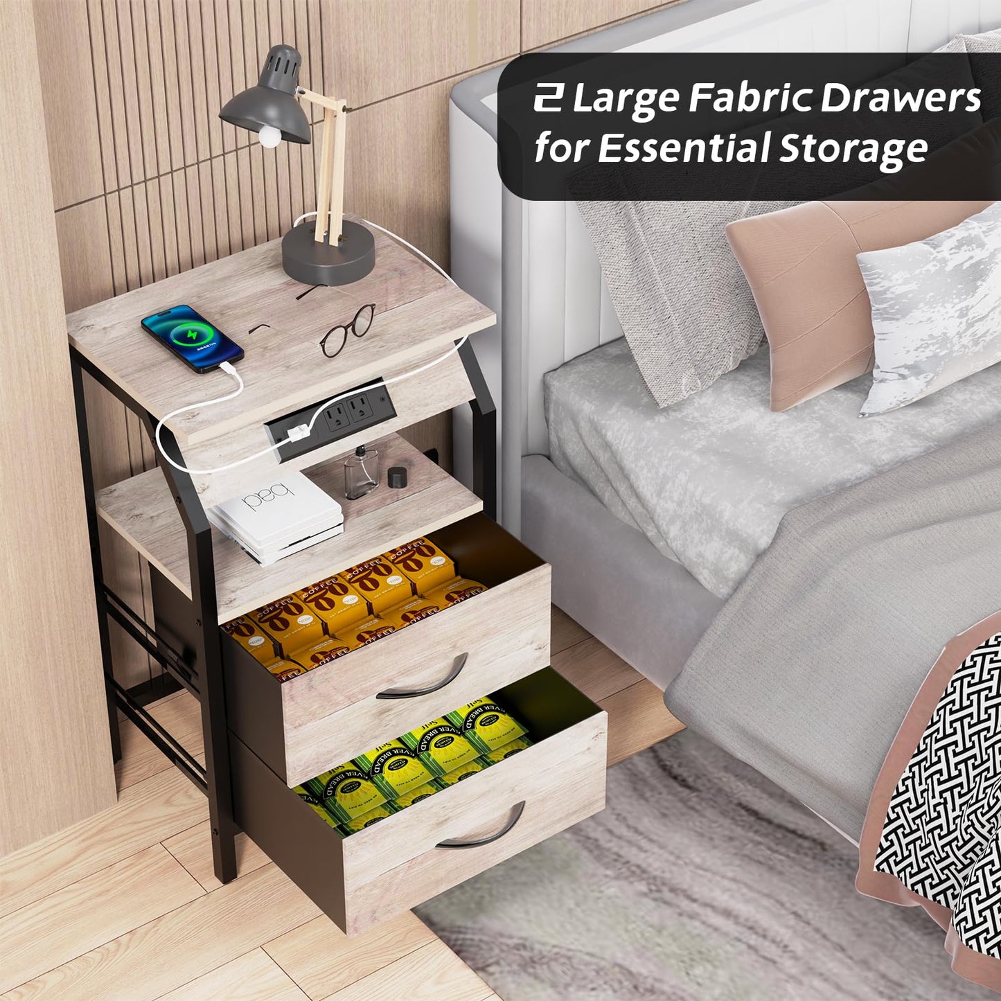 Storage End Table, Charging Nightstand with 2 Drawers, Small Fabric Dresser for Bedside, Wood and Metal Side Table for Living Room, Dorm, Grey Oak