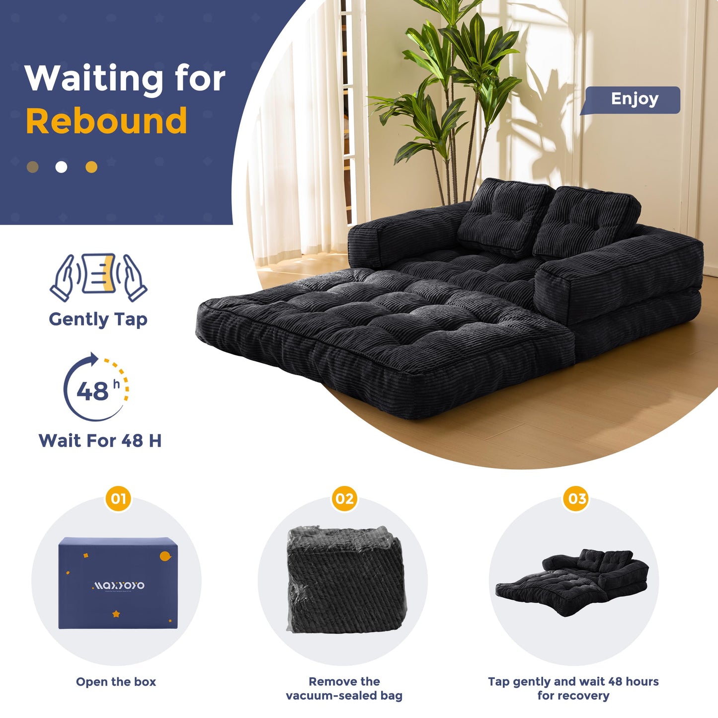 MAXYOYO Folding Sofa Bed, L-Shaped Convertible Sofa Bed with Armrest Foldable Sleeper Couch with Pillow, Portable Fold Out Chair Comfy Floor Couch Lounge for Living Room Bedroom, Black, Double