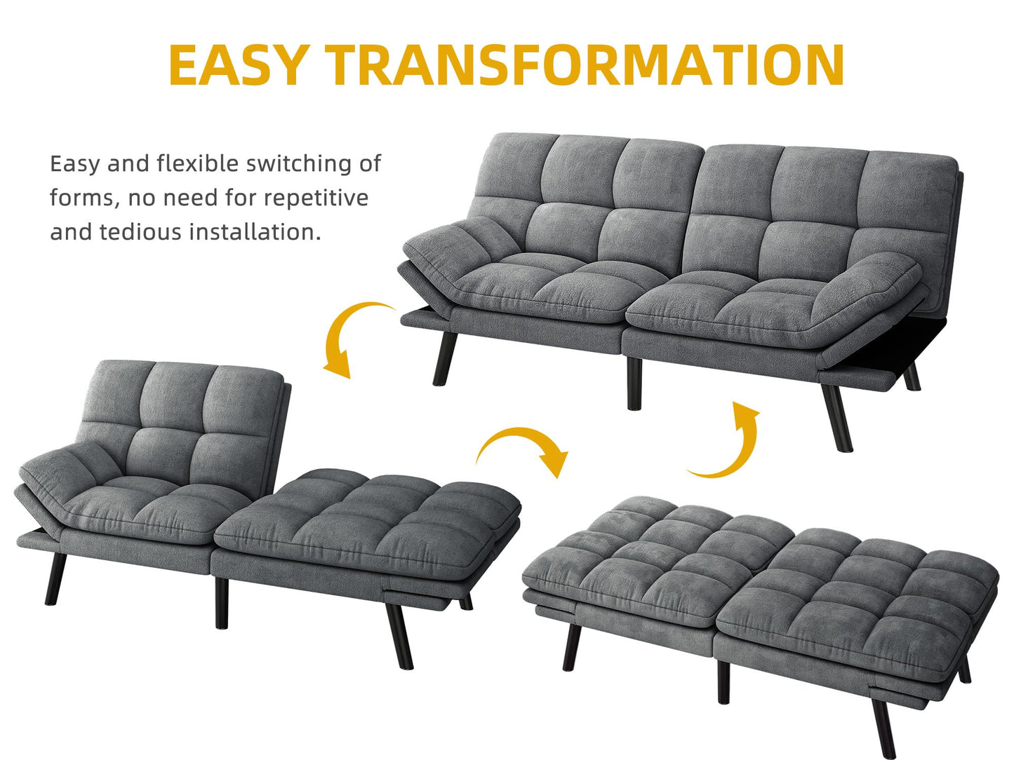 DWVO Multifunctional Futon Sofa Bed, Convertible Sleeper Sofa, 70" Folding Futon Set for Living Room Home Office Aprtment, Modern Folding Couch with Adjustable Backrest & Armrests, Grey