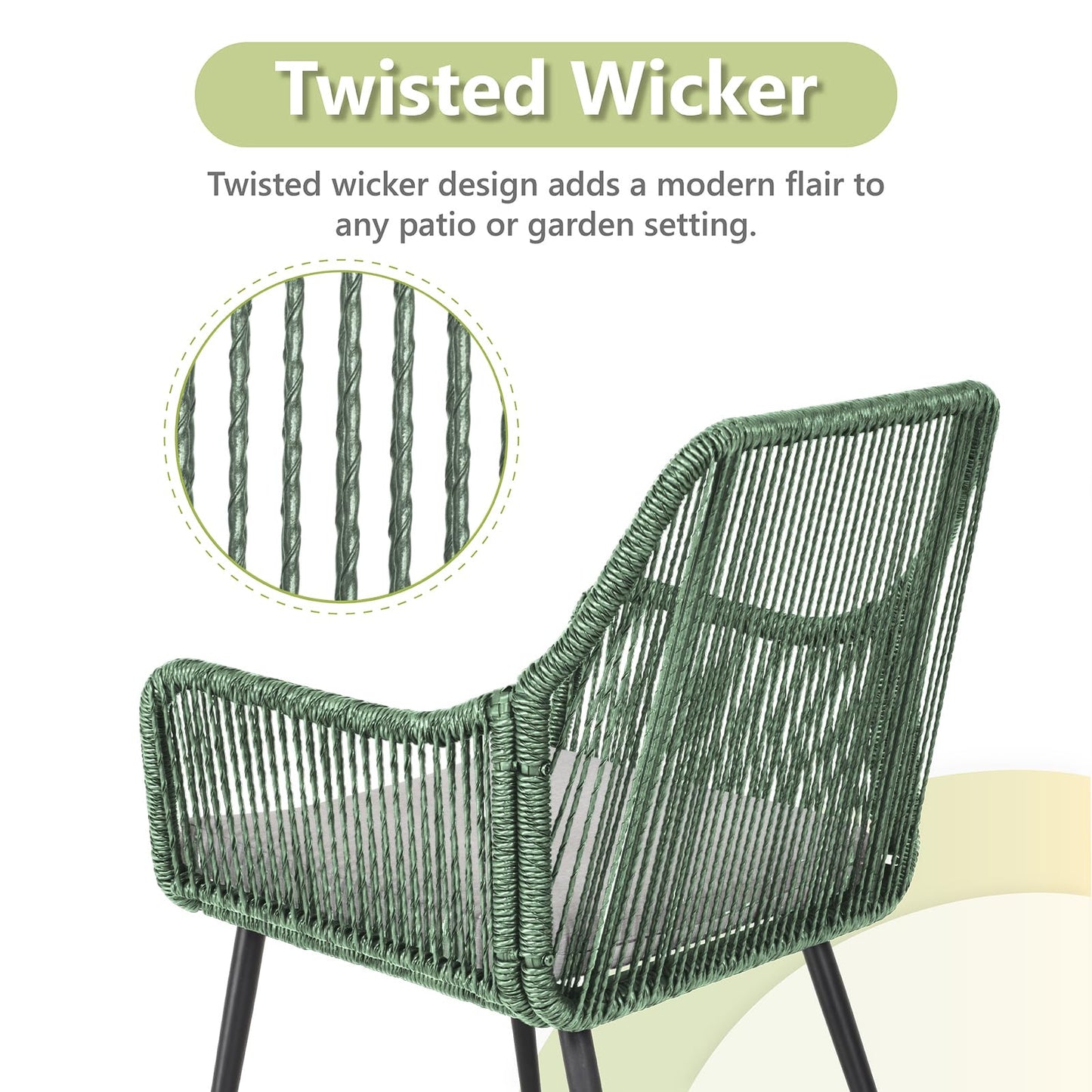 Olaterior Patio Dining Chairs Outdoor Dining Chairs Set of 4, Woven Twisted Wicker Rattan Chair with Armrest and Cushion, Modern Indoor Outdoor Seating for Garden, Lawn, Backyard, Green