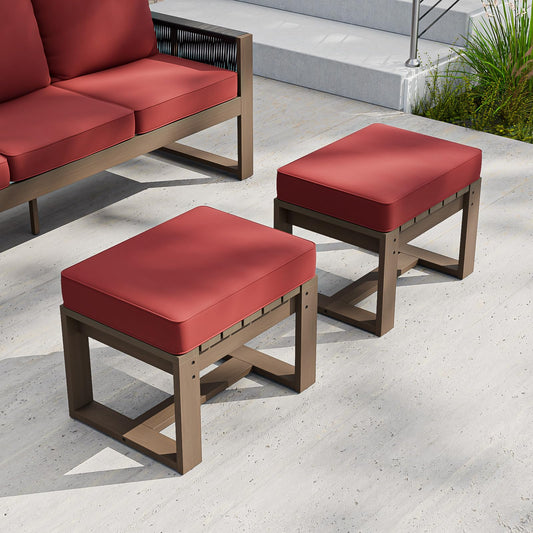 COOS BAY Natural Cedar Outdoor Patio Ottomans with Removable Cushions, Set of 2, Real Wood Footrests for Deck, Porch, Balcony, and Backyard, Brownish/Red