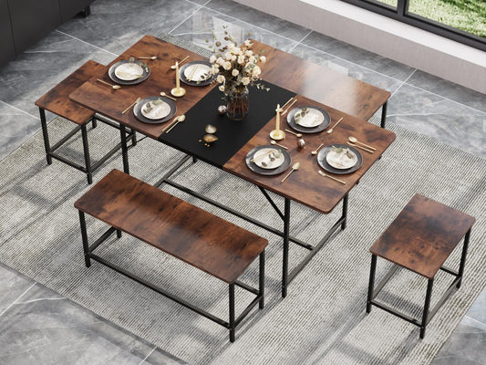 amzzar 5 Piece Dining Table Set for 4-6, 63" Extendable Dining Room Table with 2 Benches & 2 Stools, Farmhouse Kitchen Table and Chairs with Metal Frame & MDF Board,Space-Saving, Rustic Brown