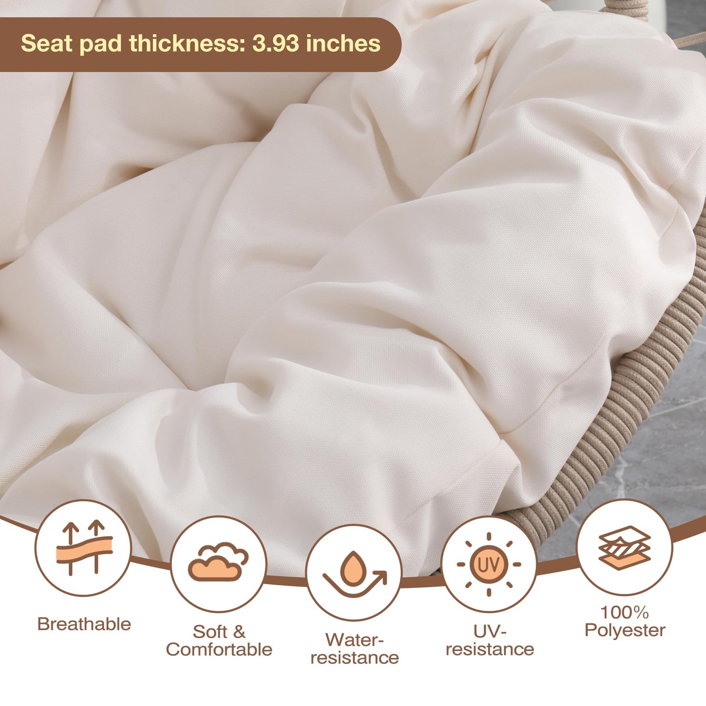 Hanging Egg Chair with Stand, Foldable Patio Hammock Egg Swing Chair Made by All-Weather Core-Spun Polyester Rope with Soft Cushion for Bedroom Garden Indoor Outdoor, 350Lbs Cap. (Beige)