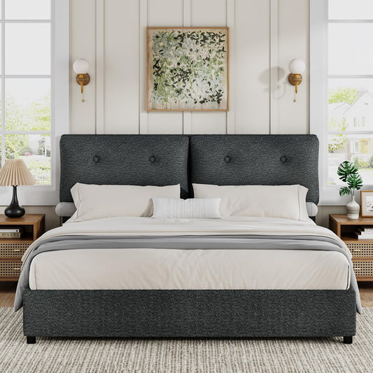 CHABUILDREARK King Size Bed Frame, Upholstered Boucle Platform Bed with Headboard, Cloud Bed Frames with Soft Headboard, Wooden Slats Support, No Box Spring Needed, Easy Assembly, Dark Grey