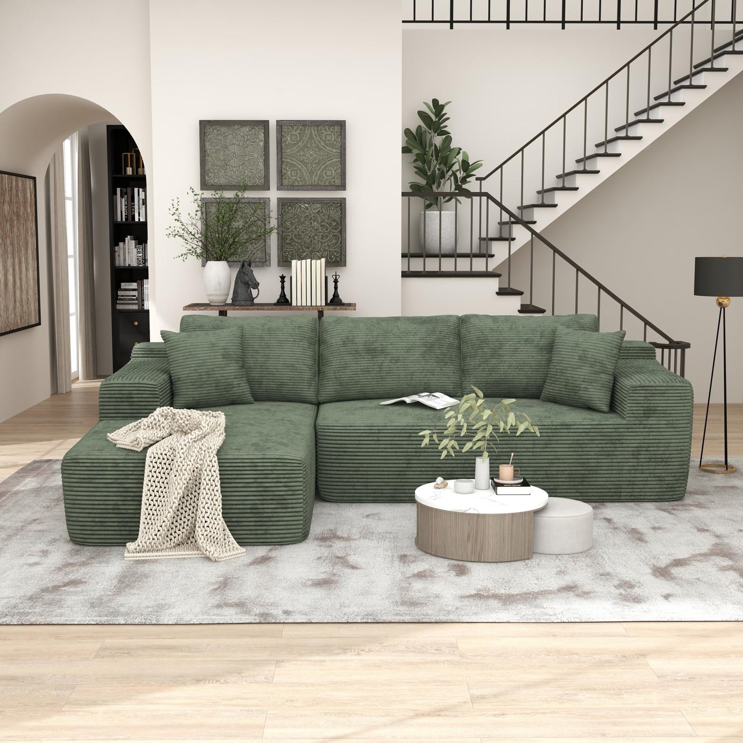 OC Orange-Casual 106.3" Cloud Sectional Couch with L-Shape Chaise,No Assembly Required Modular Sofa,Upholstered Boneless Couches for Living Room, Plush Corduroy Fabric (Green, Left Facing Chaise)