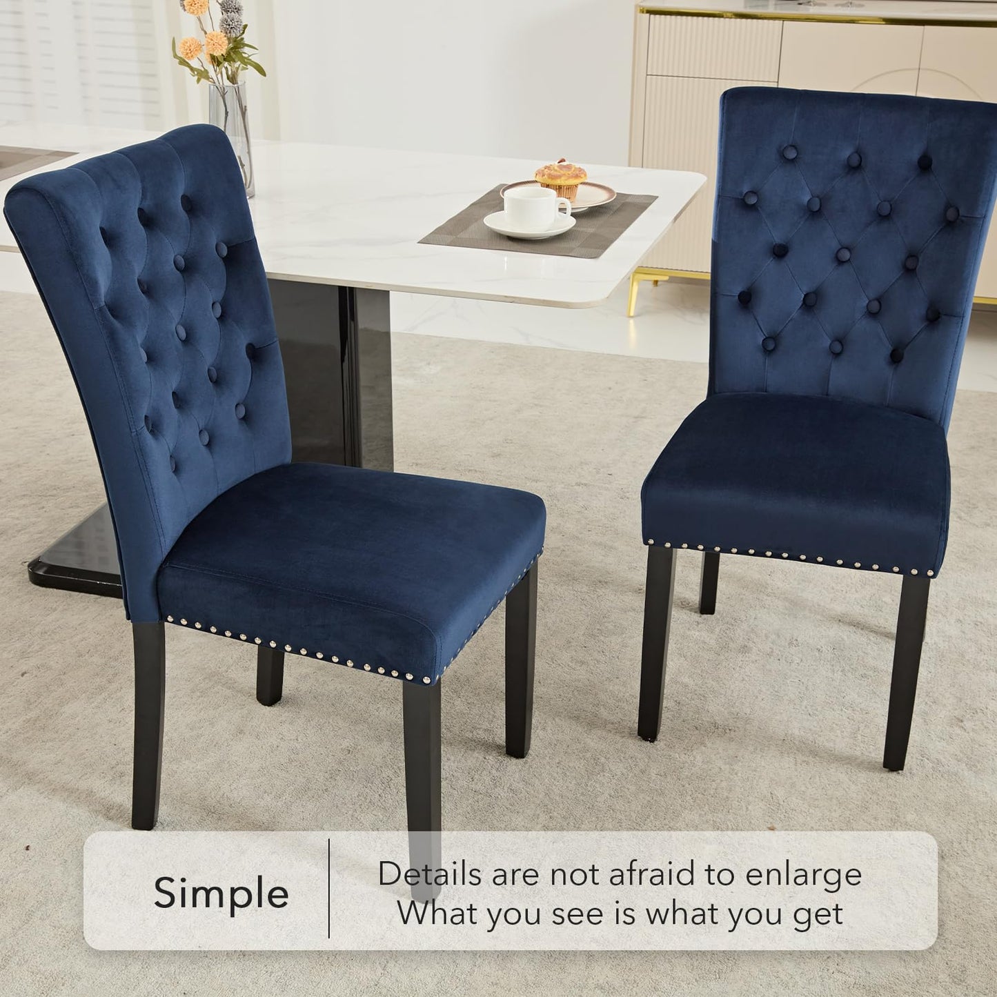 adochr Velvet Dining Chair Set of 2, Parsons Upholstered Dining Room Chair, Wood Accent Chair with Nailed Trim, Blue