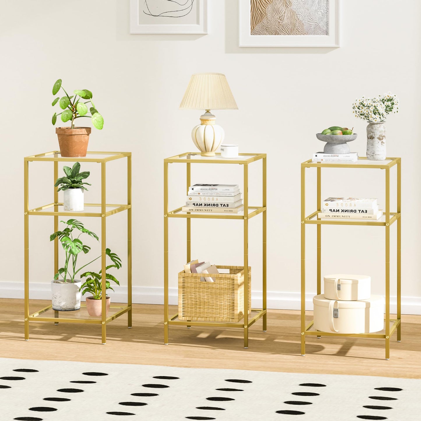 Homhedy 3-Tier Side Tables Set of 2, End Tables with Tempered Glass, Nightstands with Storage Shelves, Slim Sofa Tables for Living Room, Bedroom (2, Golden)