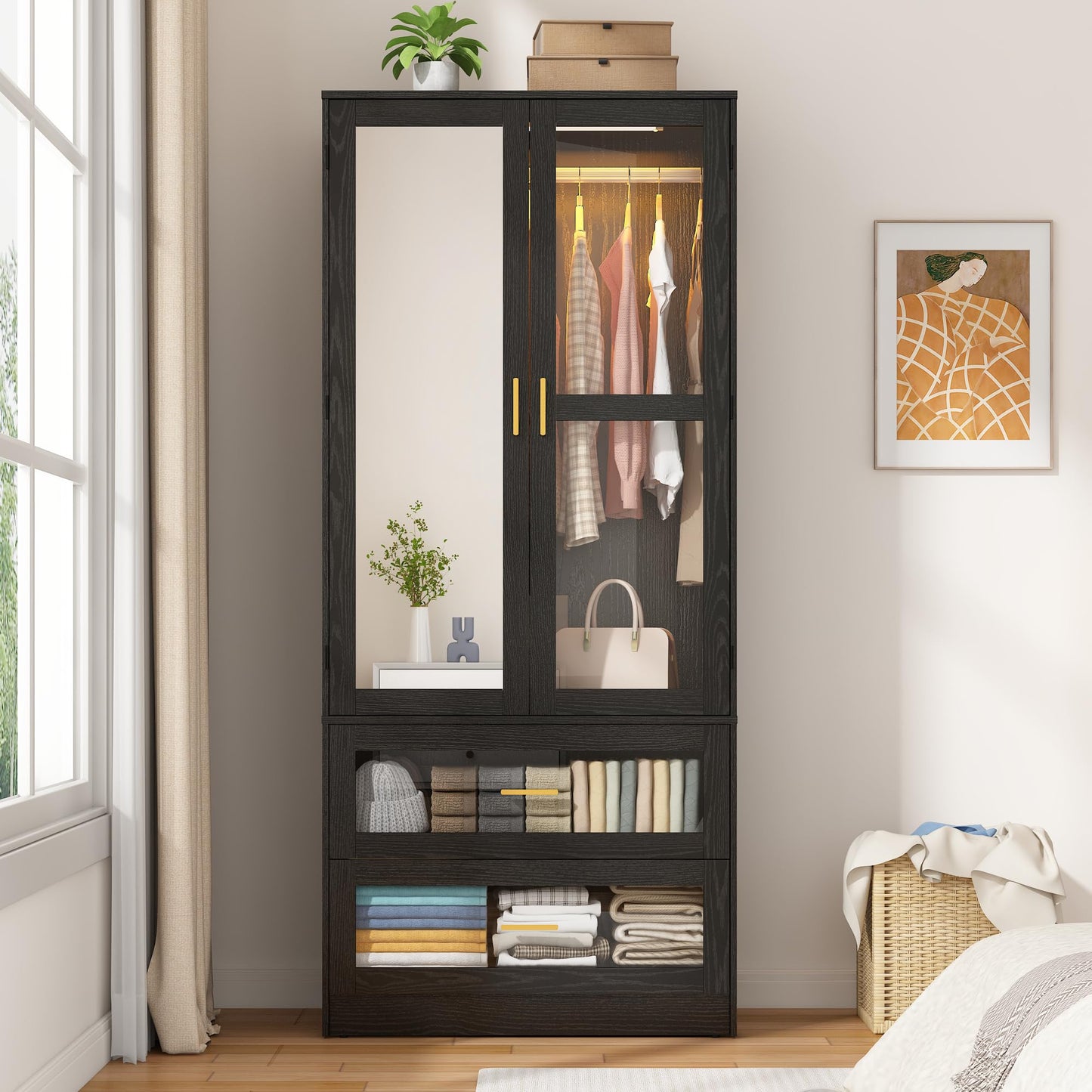 2 Doors Armoire Wardrobe Closet with LED and Mirror,71" H Freestanding Wooden Wardrobe Closet Cabinet for Bedroom w 2 Drawers,Wooden Clothing Storage Cabinet w Hanging Rod,Closets for Bedroom(Black)