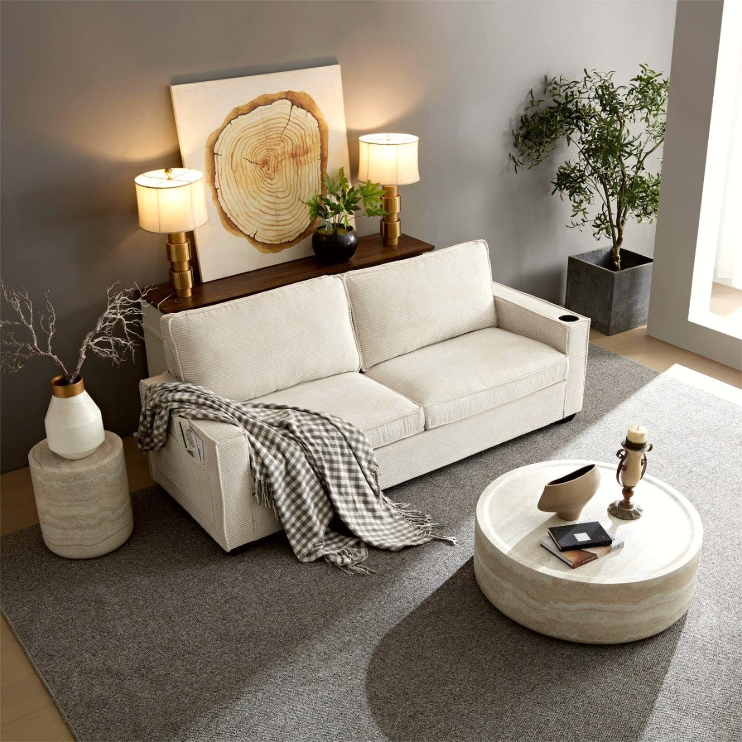 KEVINSPACE Travertine Coffee Table Round CoffeeTables for Living Room Modern Faux Marble Center Circle Table Concrete Accent Table Farmhouse Drum CoffeeTable for Apartment Bedroom Fiberglass ø31.5