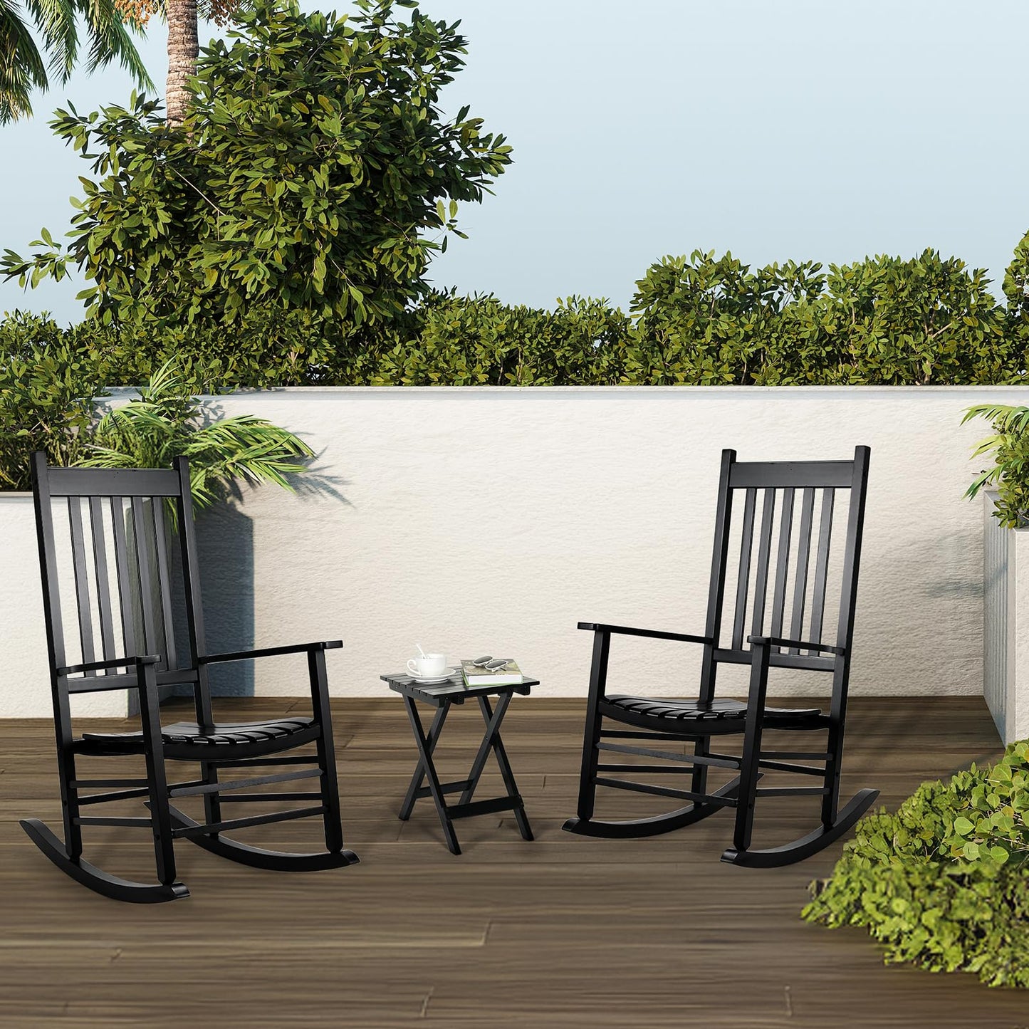 MAMIZO Outdoor Rocking Chair Set 3-Piece, Rocking Chair Patio Set of 2 with Side Table, with High Back,Indoors or Outdoor Wooden Rocker, Easy to Assemble for Porch, Patio, Garden,Lawn, Balcony