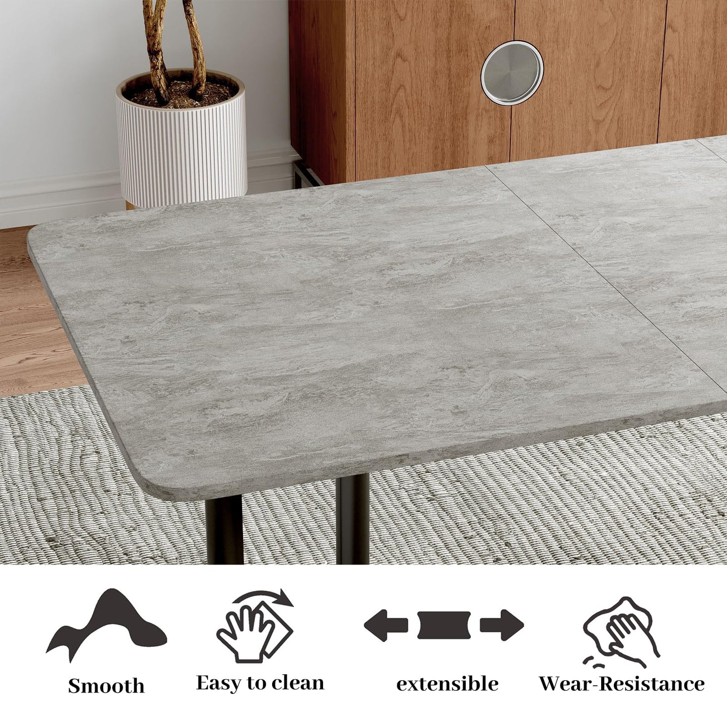 HIPIHOM 63"- 78.7" Extendable Dining Table with 6 Brown Dining Chairs, Modern Kitchen Table Set for 6, Thickened Expandable MDF Wooden Table with Metal Legs for Dining Room, Kitchen, Home
