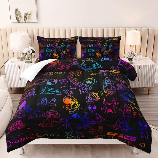 Cartoon Space Comforter Set for Kids Boys Girls,3 Pieces Outer Space Bedding Twin Size,Rocket Planet Spaceship Travel Toddler Bedding Set for Teen Boy Room Decor with 1 Comforter 2 Pillowcase