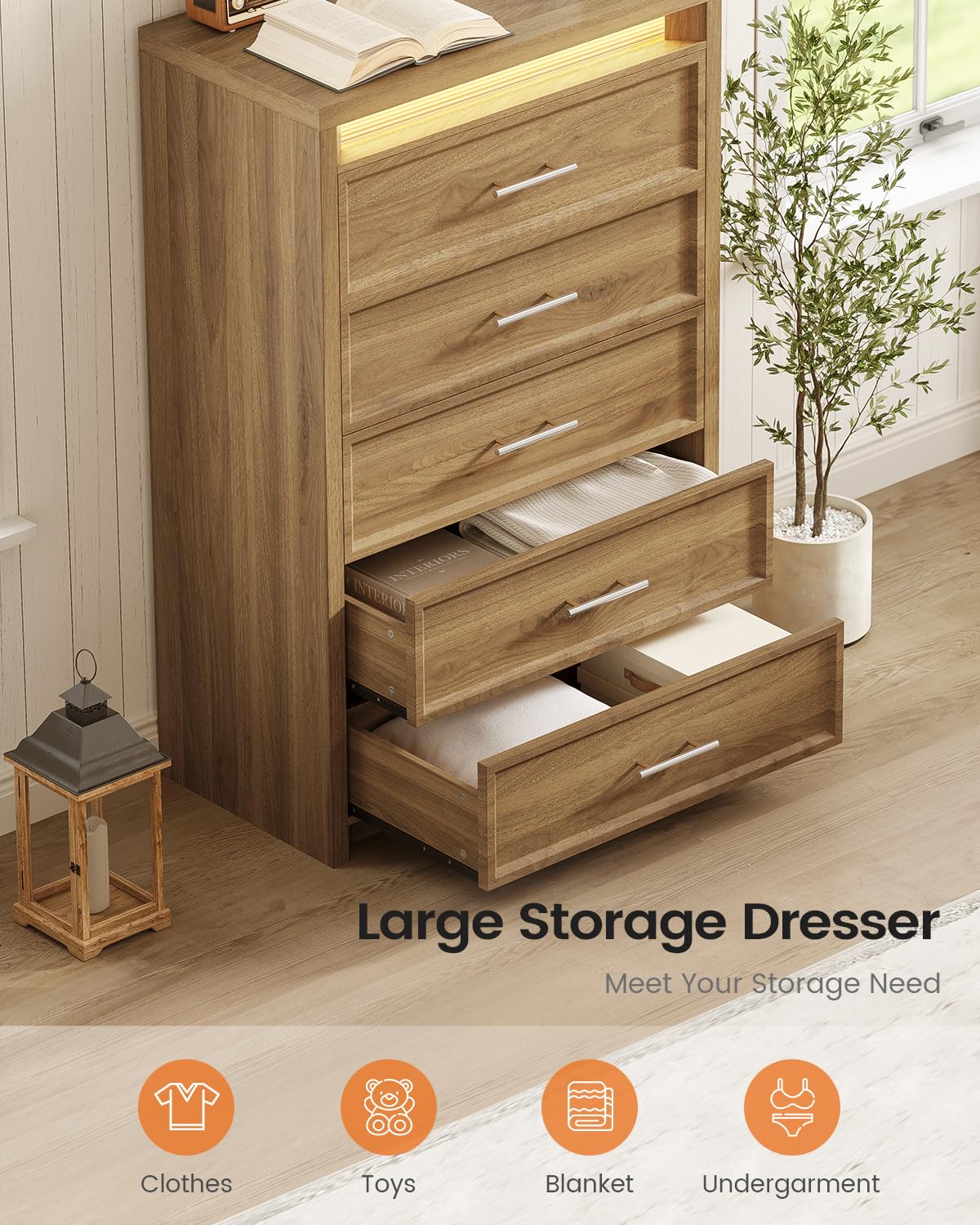 AOGLLATI Mid-Century Modern Dresser for Bedroom with 5 Drawer, Dressers& Chests of Drawers, 44.5” Tall Wood Dresser with 3 Color Lights for Bedroom, Wood