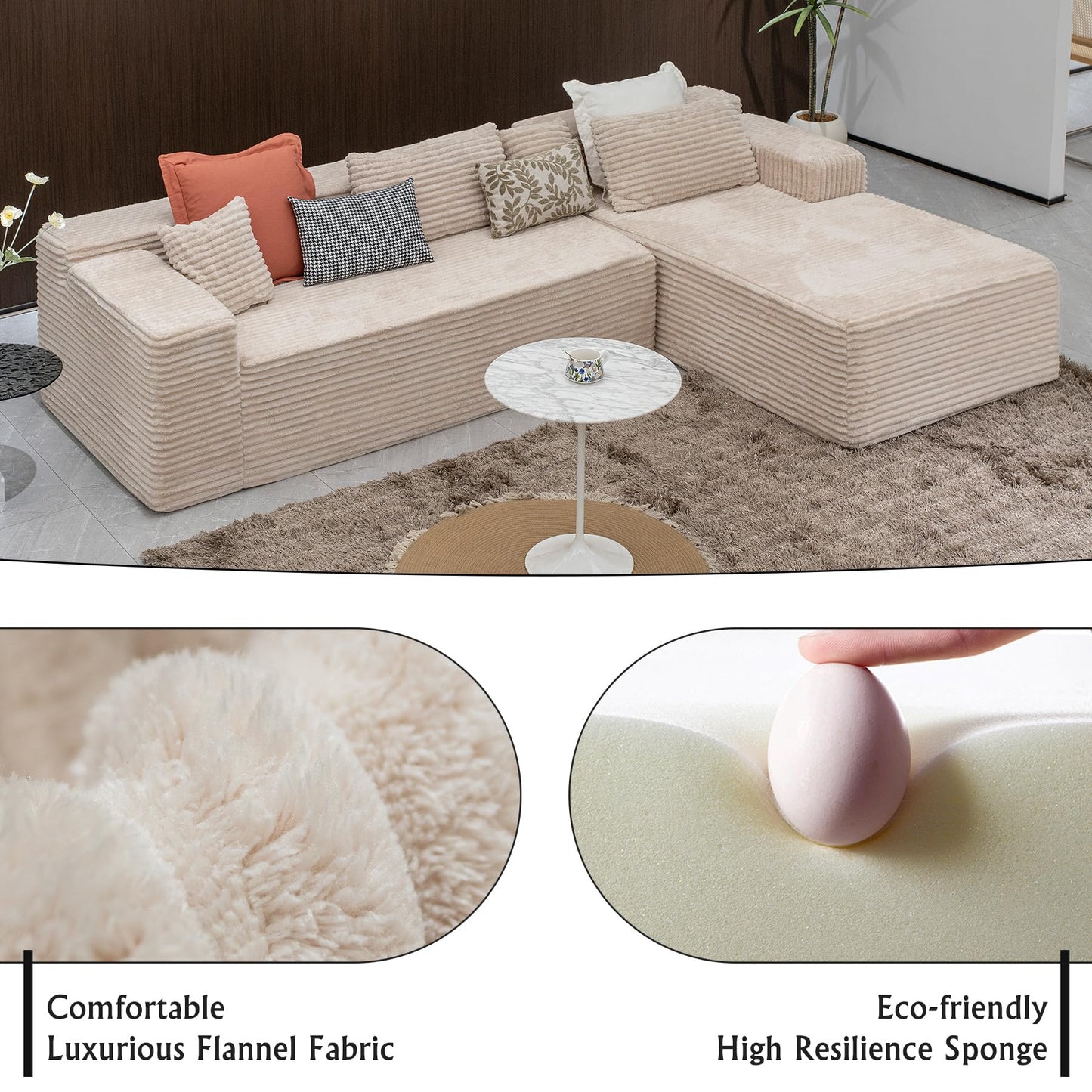 Sectional Couches for Living Room-Corduroy Couch Beige，104" Cloud Sectional Couch with L-Shape Chaise， Modern Modular Sofa, Deep Seat Comfort, No Assembly Required(Plush Corduroy Fabric)