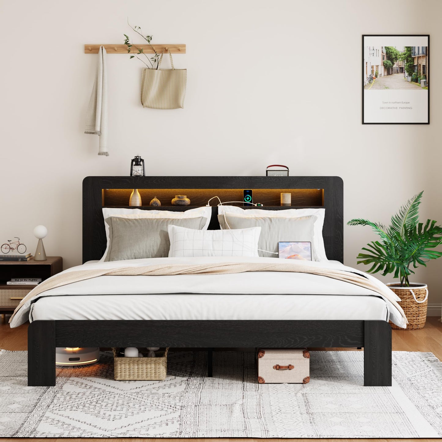 SAMTRA Wooden Bed Frame King Size with Storage Headboard, Farmhouse Platform Bedframe with Bookcase Shelf & Led Lights, Sturdy Wood Slat Framework Bed Frame (Classic Black)