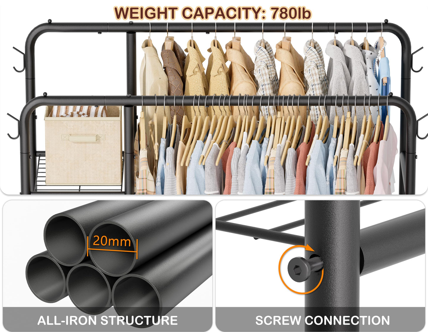 Double Rods Clothes Rack Clothing Rack with 4 Tier Storage Shelves Clothes Rack for Hanging Clothes Multifunctional Heavy Duty Clothes Organizer with Hooks for Bedroom,Wardrobe Closet,Shop,Black
