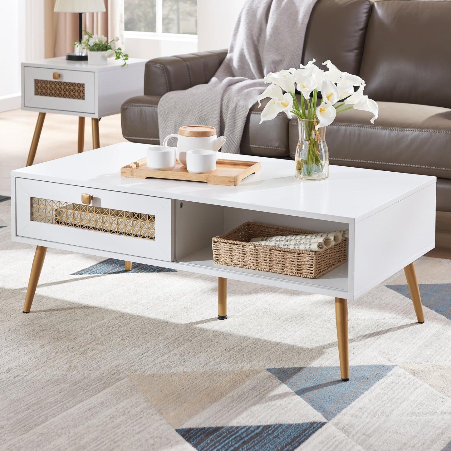 Wooden Mid Century Modern Coffee Table, Retangle Coffee Table with Sliding Door for Living Room, White