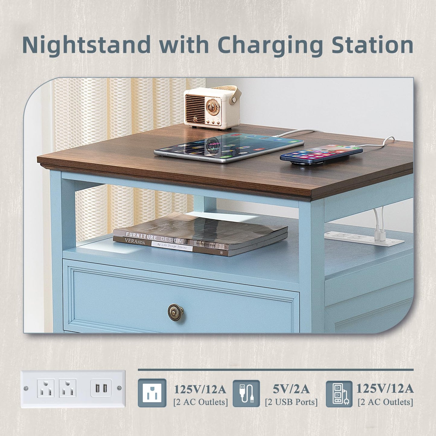Joaxswe Farmhouse Nightstand with Charging Station, 24" Wide End Table with 2 Drawers, Light Blue Dresser for Bedroom,Wood Bed Side Table Chest of Drawers Cabinet,Night Stand for Living Room,Closet