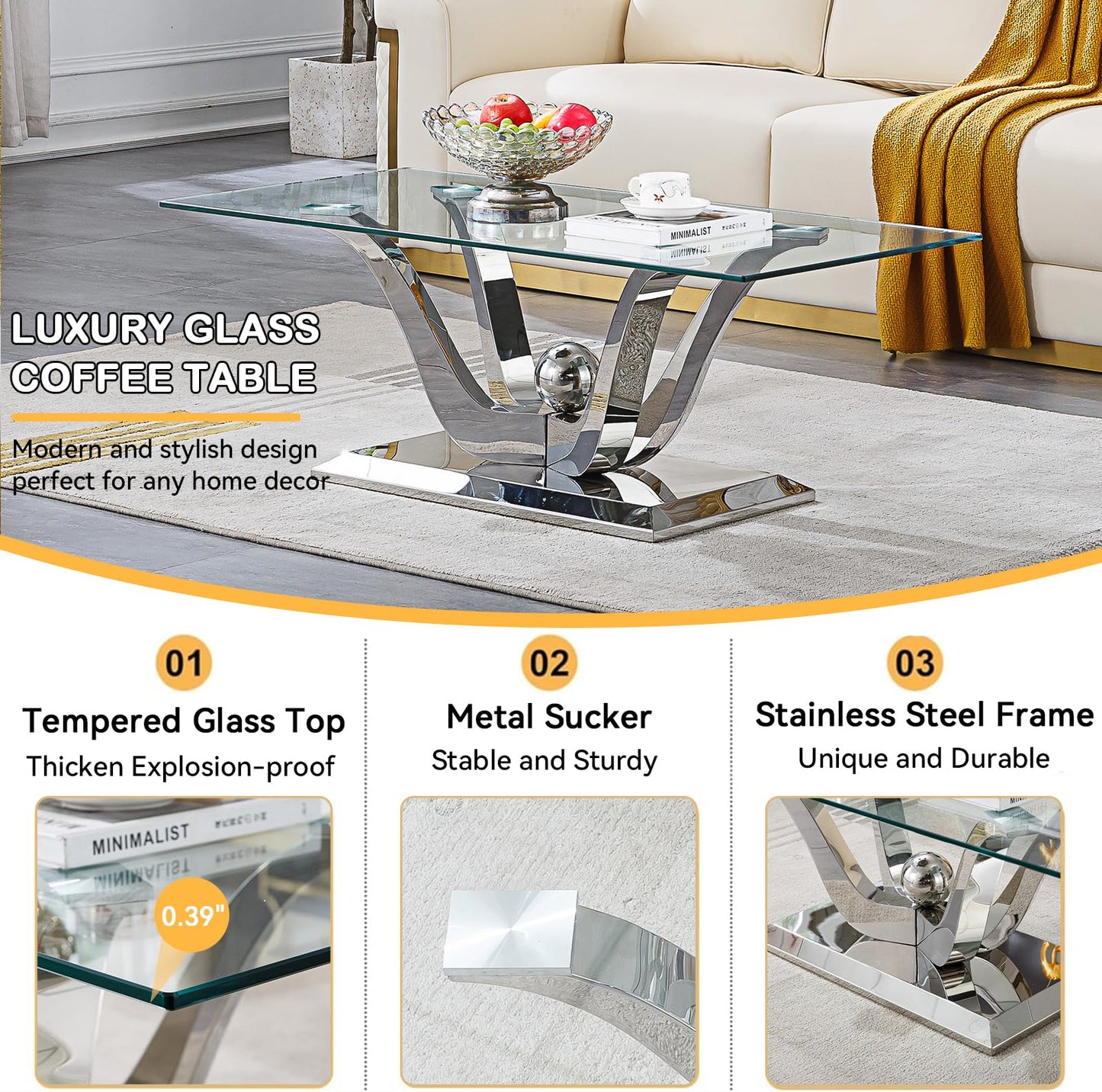 Luxury Silver Glass Coffee Table,47-inch Modern Coffee Table for Living Room,Rectangle Glass Center Table w/Stainless Steel Flower-Shape Base,Tempered Glass Accent Table for Bedroom Home Office
