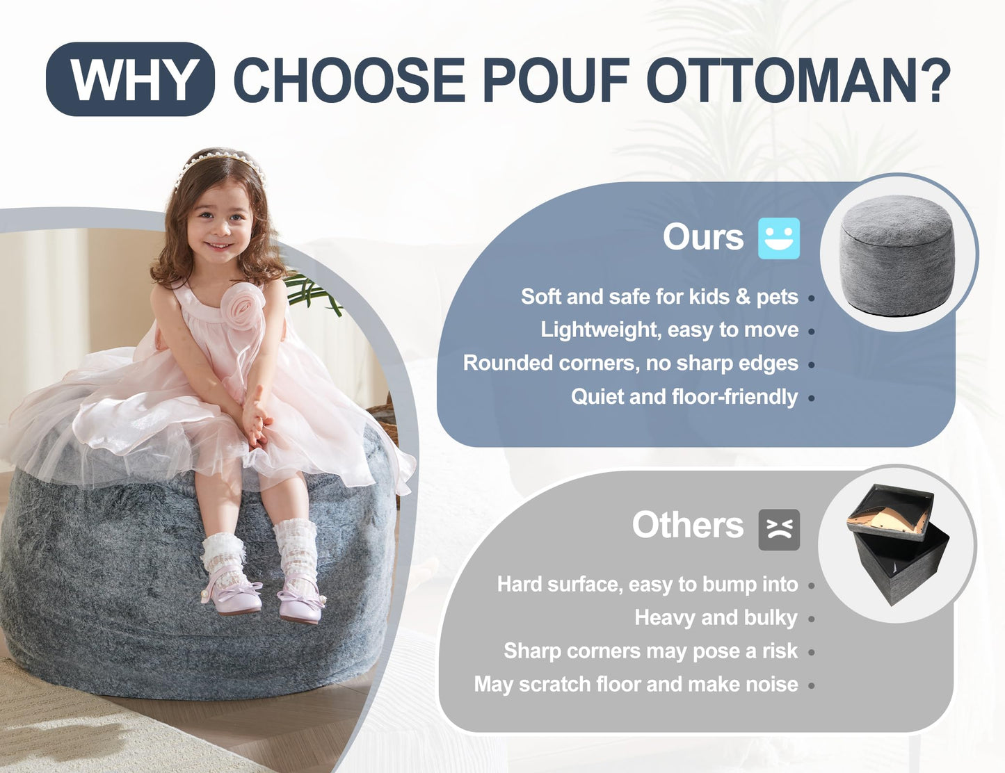 Round Ottoman Foot Rest for Couch 20"x15" Foot Stool Ottoman Pouf with Foam Chunk Filling Small Ottomans Foot Stools Poufs for Living Room Dark Grey Poof Hassocks and Ottomans Soft Foot Rest for Chair