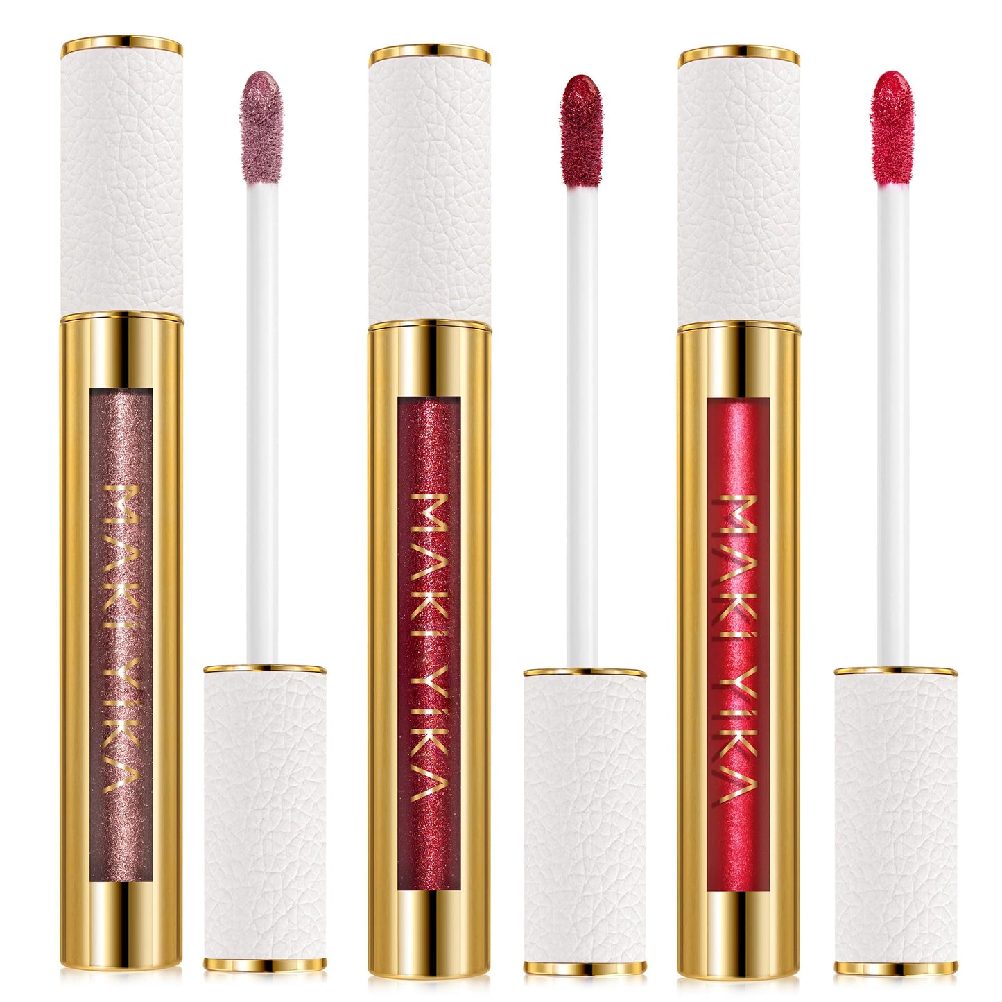 MAKI YIKA 3Pc Metallic Lipstick Long Lasting Nude Pink Red Glitter Lipsticks High Shine Lipstick No Smudge No Transfer Liquid Lip Gloss (Nude/Pink/Red)