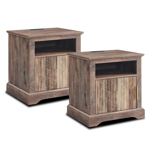 Aitjunz Fluted Nightstand Set of 2, 22" Large Modern Side Table with Charging Station, Wood End Table w/Open Shelf, Bedside Table with Storage Space for Bedroom, Living Room (Light Brown)