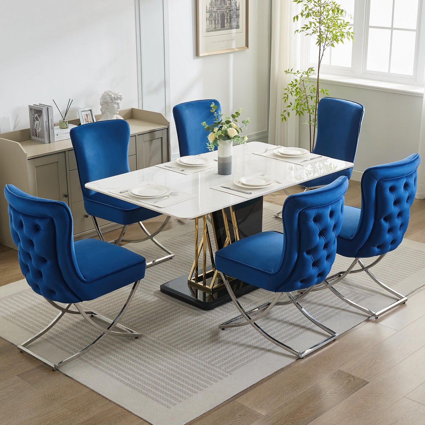 Luxury Velvet Dining Chairs, Tufted Upholstered Armless Accent Chairs with Silver Metal X-Legs, Modern Glam Dining Room Chair Set of 2, Navy