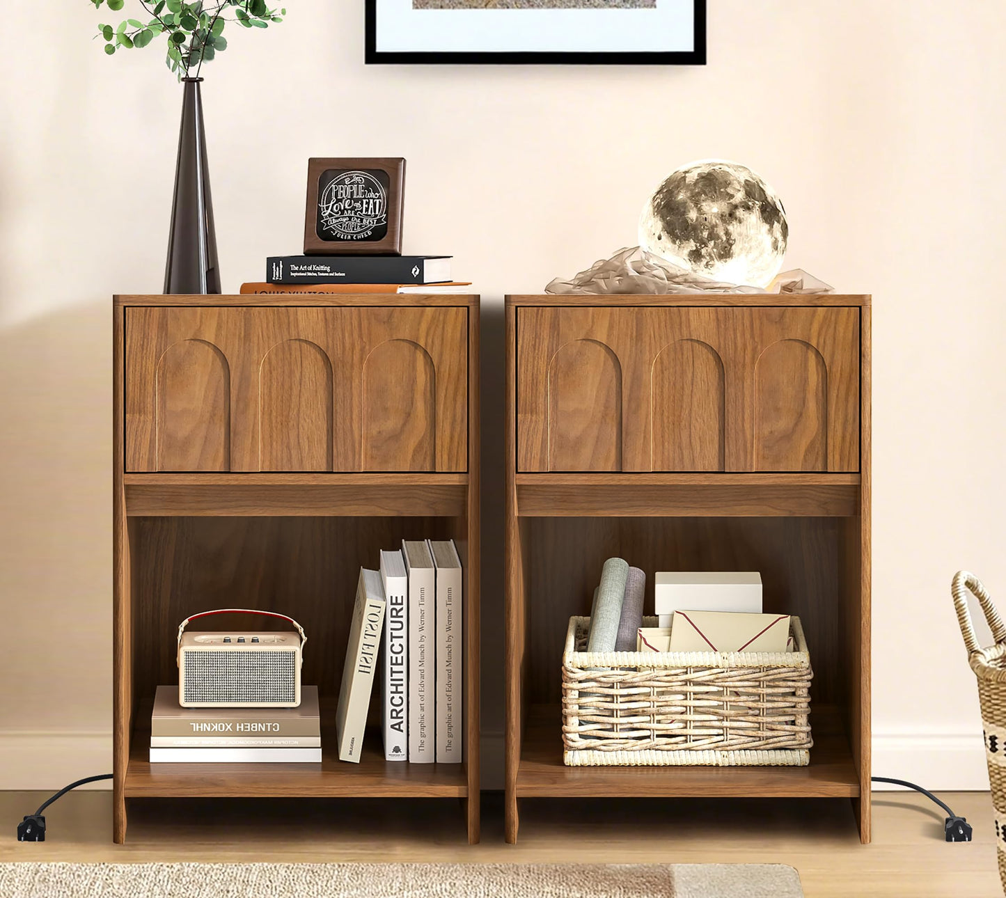 Limaoaio Nightstands Set of 2, 15.74'' Wide Night Stand with Drawer and Open Storage, Mid-Century Modern Wooden Bed Side Table End Table with Charging Station for Bedroom, Living Room (Walnut, 2Pcs)