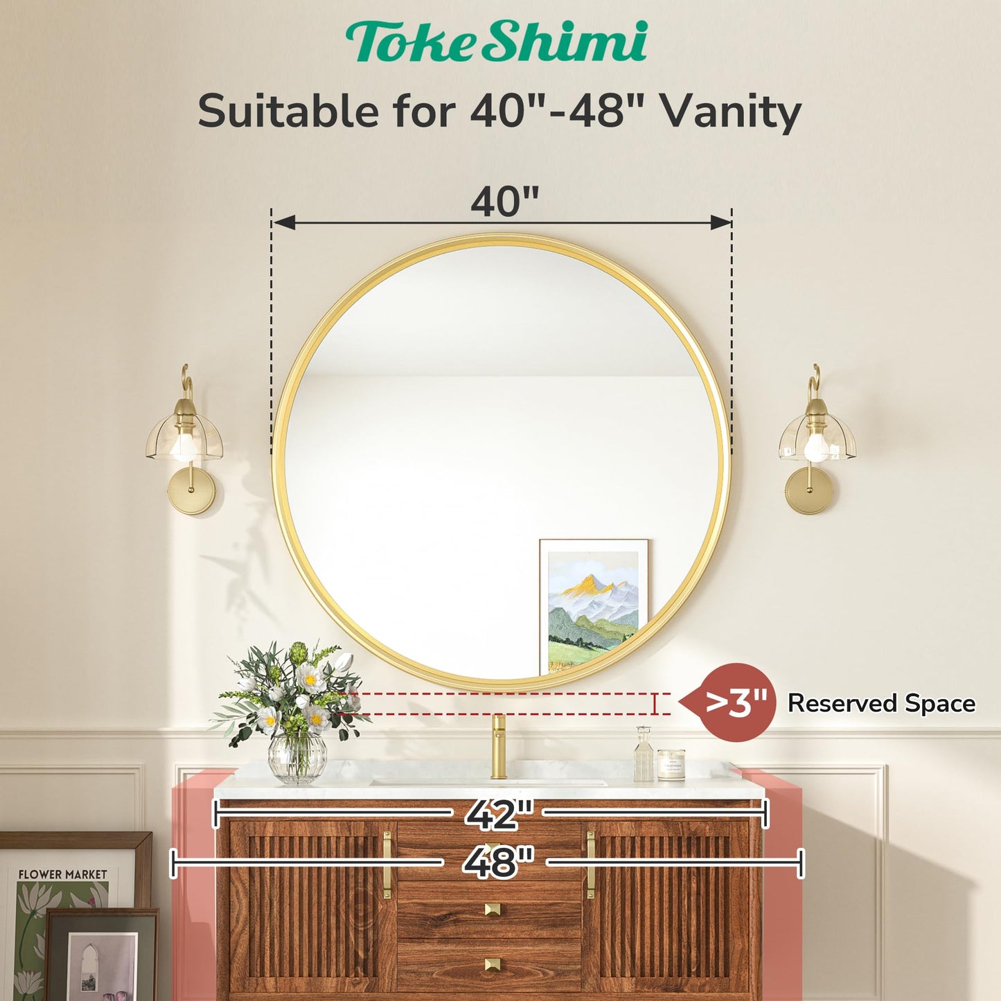 TokeShimi 40 in Brushed Gold Round Wall Mirror Tempered, Framed Mirror Shatterproof, 40x40 Bathroom Vanity Mirrored Circle Farmhouse Metal Wall Mirror for Entryway, Bedroom, Restroom, Living Room
