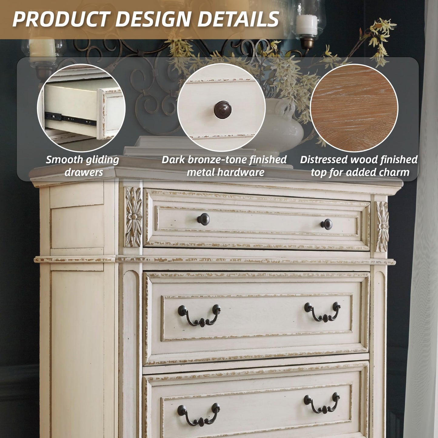 Signature Design by Ashley Realyn French Country Two Tone 5 Drawer Chest of Drawers, Chipped White