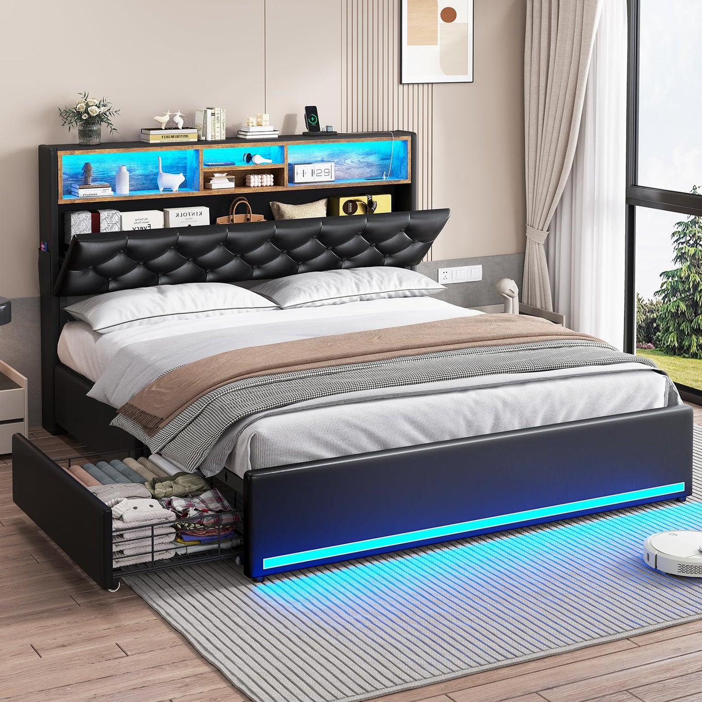 Queen Bed Frame with 3-Tier Headboard & Hidden Storage, Upholstered LED Bed Frame with 4 Drawers and Charging Station,Platform Metal Bed Frame with Storage, No Box Spring Needed, PU Black
