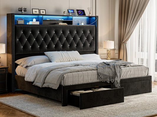 CIKUNASI Upholstered King Size Bed Frame with Headboard and Storage, 60“Tall Bed Frame with 2 Drawers, Tufted Wingback Bed Frame King Size LED Light, Charging Station, No Box Spring Needed