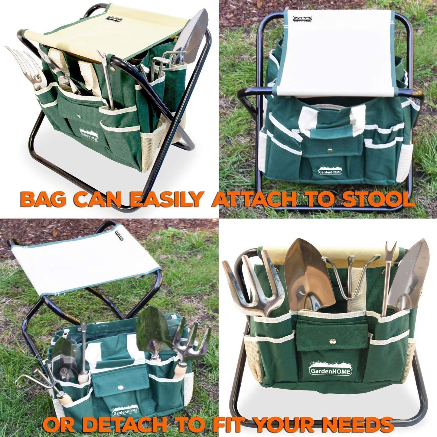 GardenHOME 7-Piece Gardening Tool Set – Stainless Steel Tools with Wooden Handles, Folding Stool, and Canvas Tote Bag, Green and White – Ideal for Gardeners, Men, and Enthusiasts