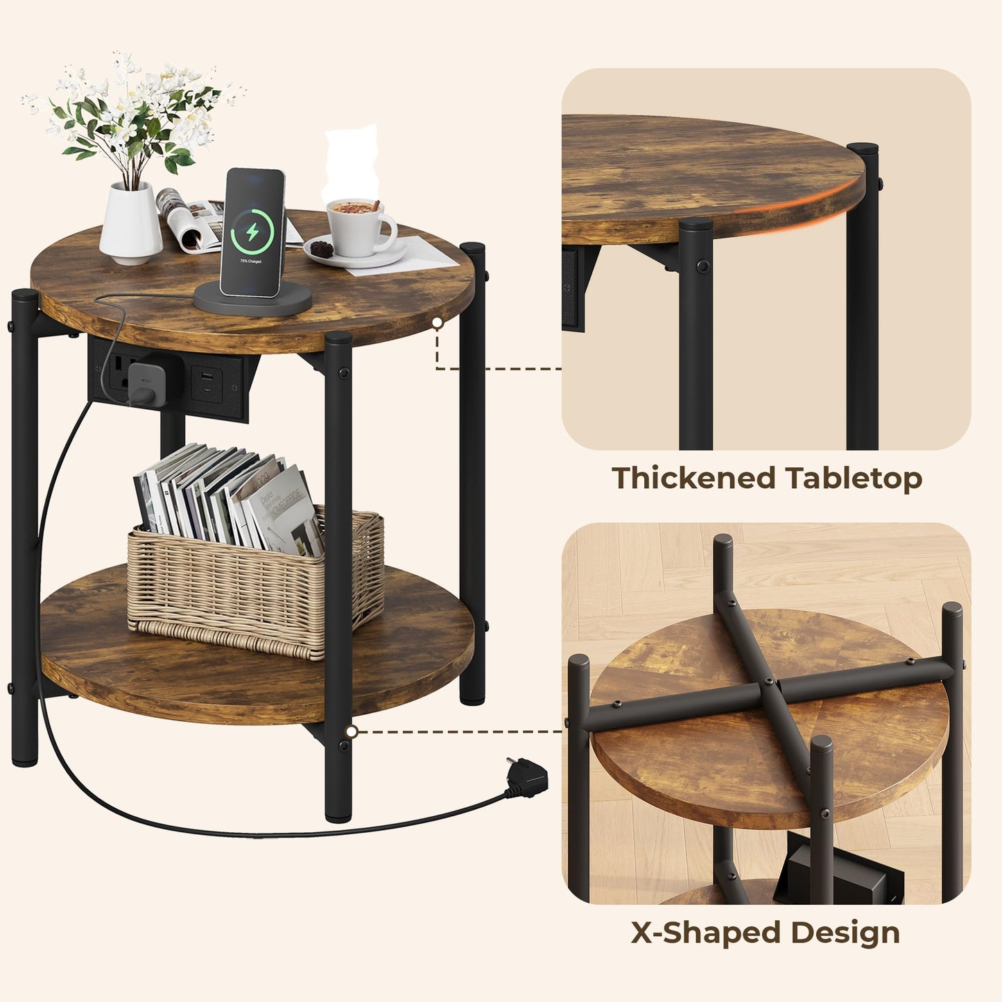 LIKIMIO Side Table with Charging Station, 2-Tier Round End Table with Lower Shelf, 15.8" W Modern Wooden Nightstand for Small Spaces, Living Room, Bedroom, Rustic Brown
