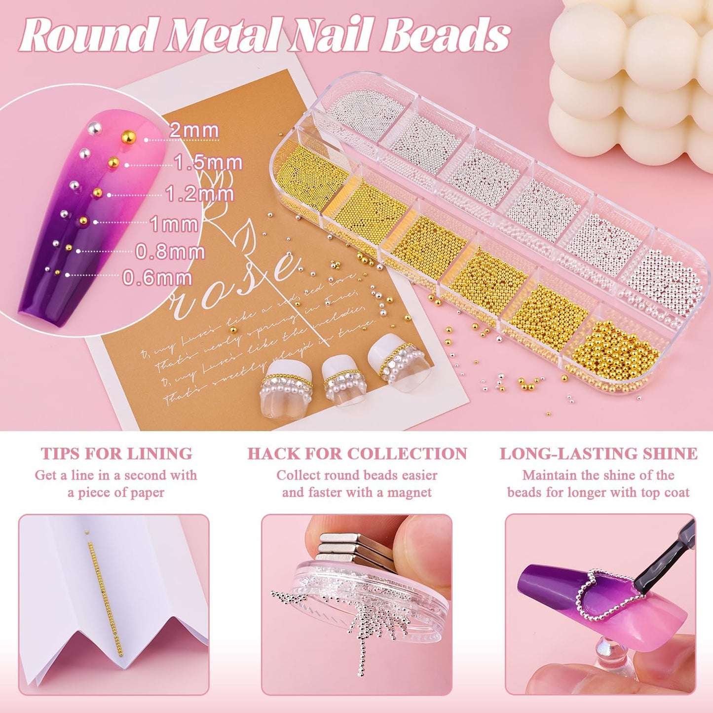 Metal Nail Beads (Silver+Gold), 3D Flowers With Rhinestones, Glue Gel for Art, Half Flatback Pearls (White), Blossom Pearl Charms and Round Caviar Beads for Manicure Decor