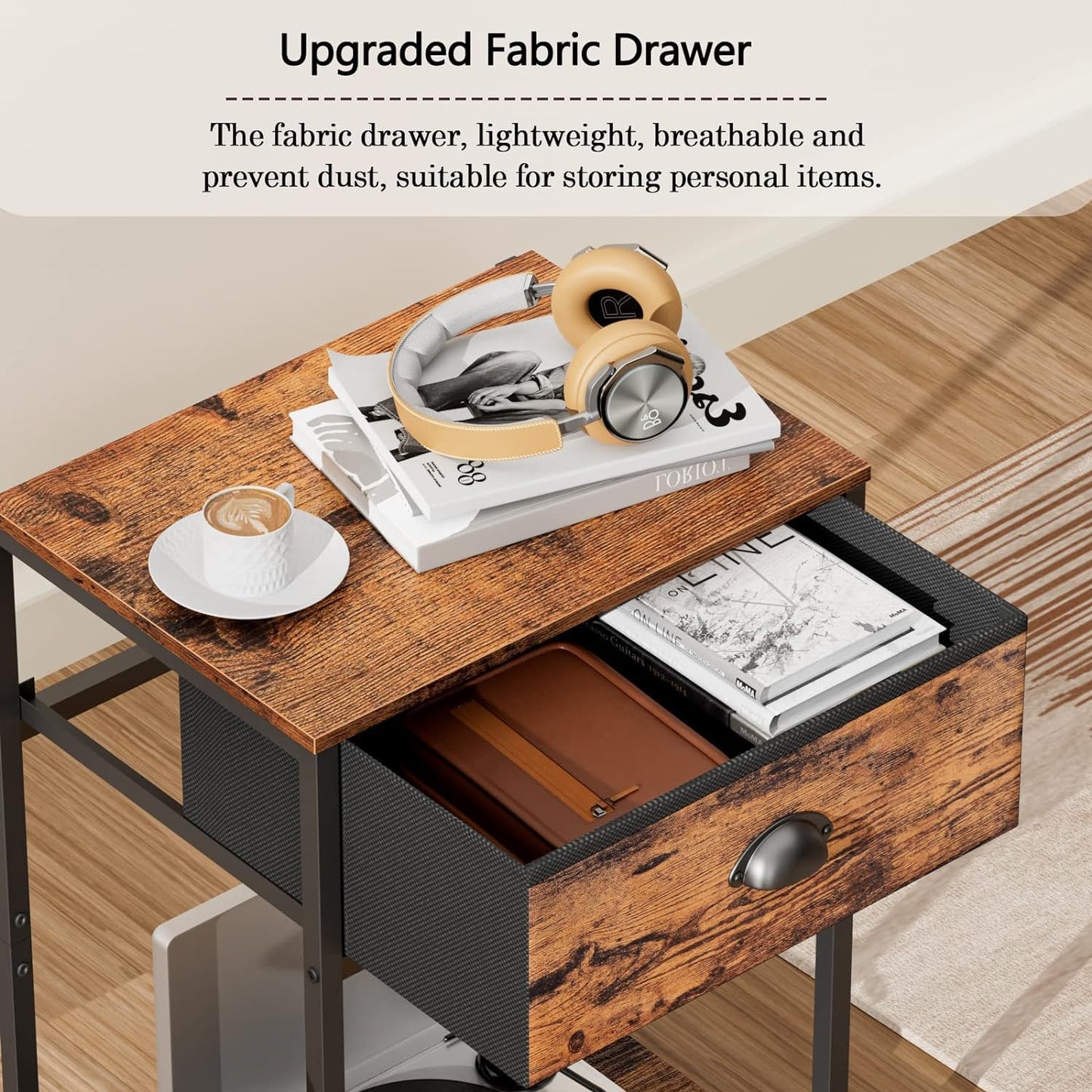 Furologee Nightstands Set of 2, Industrial End Table with Fabric Drawer and Storage Shelf, Retro Bedside Tables Organizer, Side Table for Living Room Bedroom, Rustic Brown