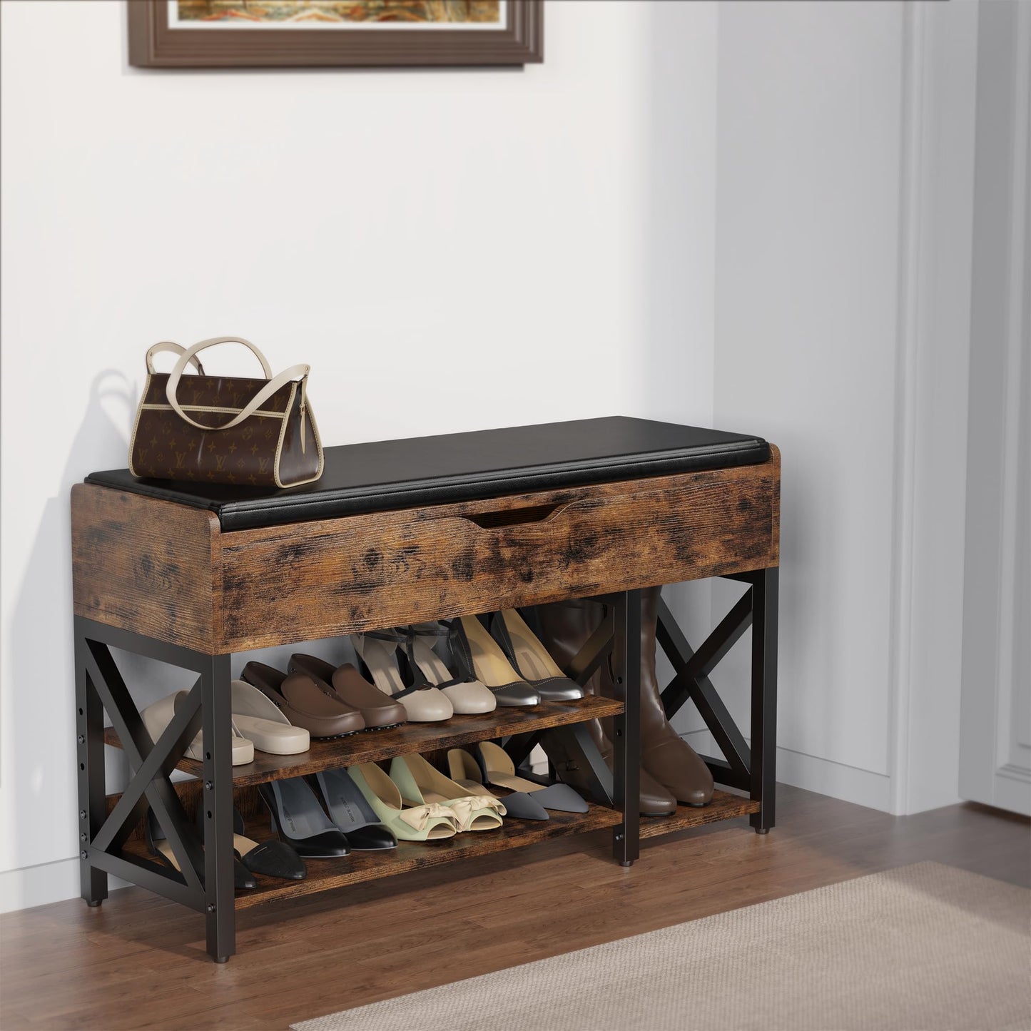 astimey Shoe Bench, Lift Top Shoe Storage Bench, Adjustable Shelf Entryway Bench, Metal and Wood Shoe Rack Organizer with Cushion for Entry, Bedroom, Closet, Living Room, Hallway (Brown, 35.5“W)