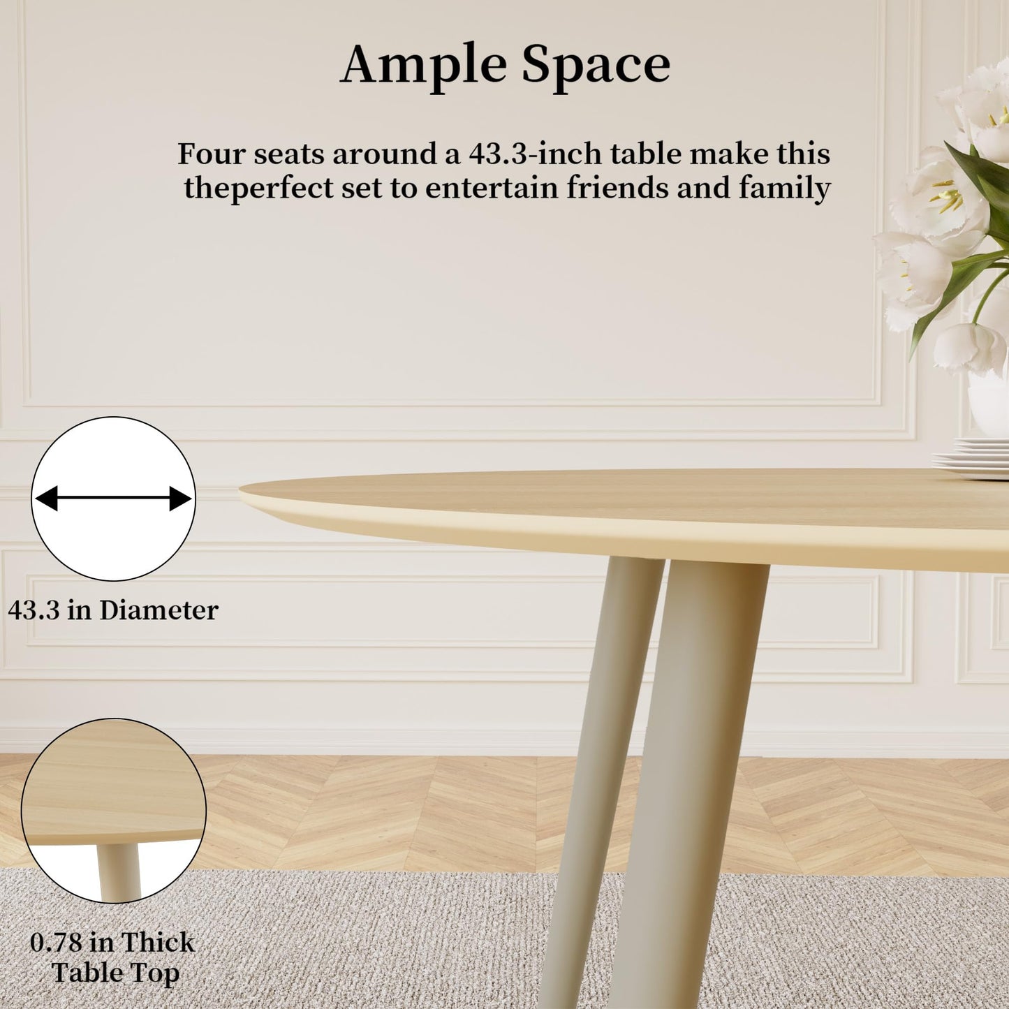 HIPIHOM 43.3 Inch Round Dining Table Set for 4, Modern Small Kitchen Coffee Set for Dining Room Kitchen Apartment (Cream Table+4 U-Shaped White Chairs)
