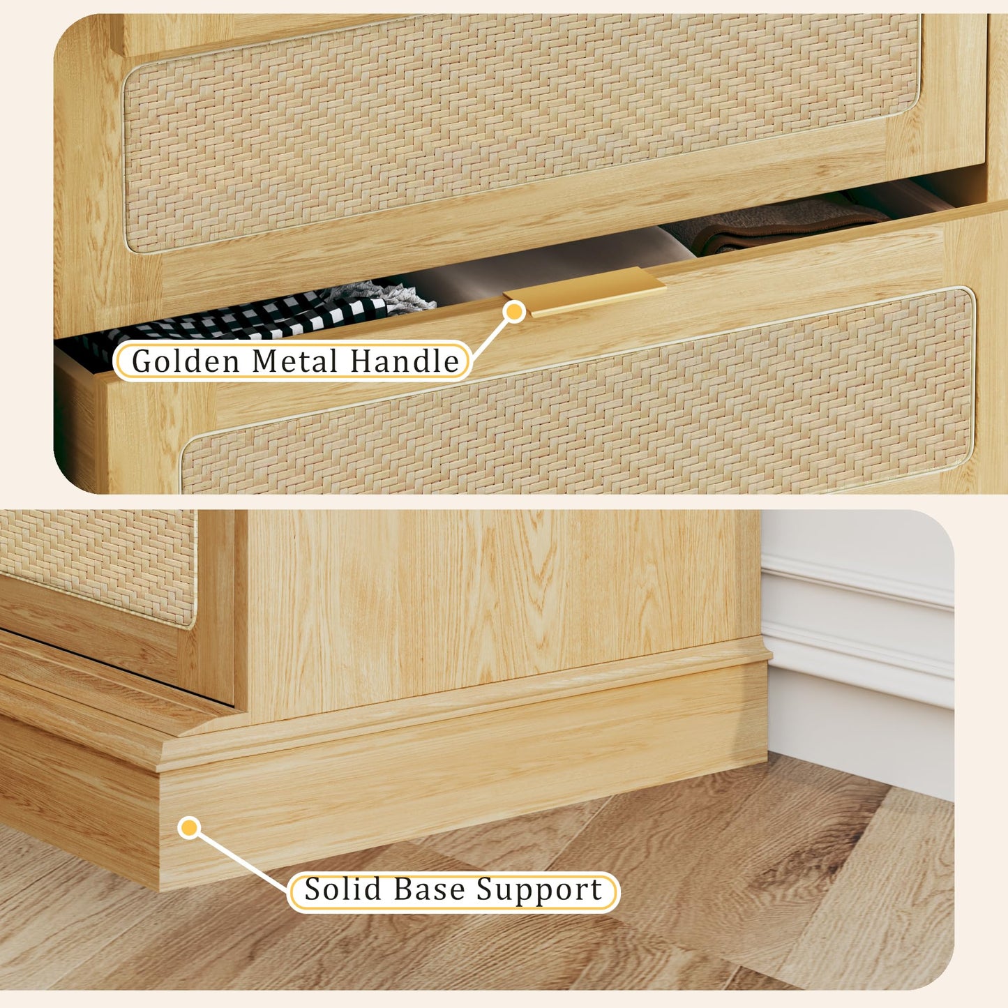 HUAHUU 9 Drawer Dresser for Bedroom, 60 Inch Long Dressers & Rattan Chest of Drawers, Large TV Stand for 55, 65, 70 Inch TV, Boho Style, Modern Dresser for, Living Room, Entryway, Bedroom, Natural Oak