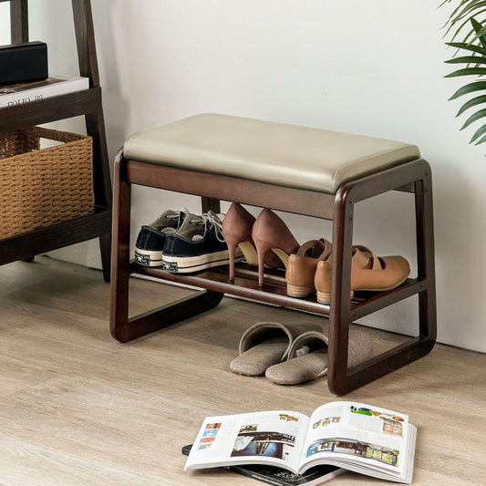 Cttasty Grey Shoe Bench, Entryway Bench with Leather Cushion, Solid Wood Shoe Rack, Mid Century Modern Bench, Shoe Storage, Shoe Organizer for Entryway, 21.7 L x 11.8 D x 16.5 H Inches
