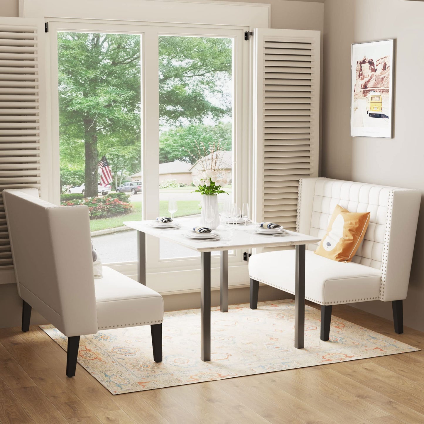 Andeworld Modern Loveseat Settee Bench Sofa Couch, Upholstered Banquette Dining Bench with Back for Dining Living Room Hallway or Entryway Seating,White