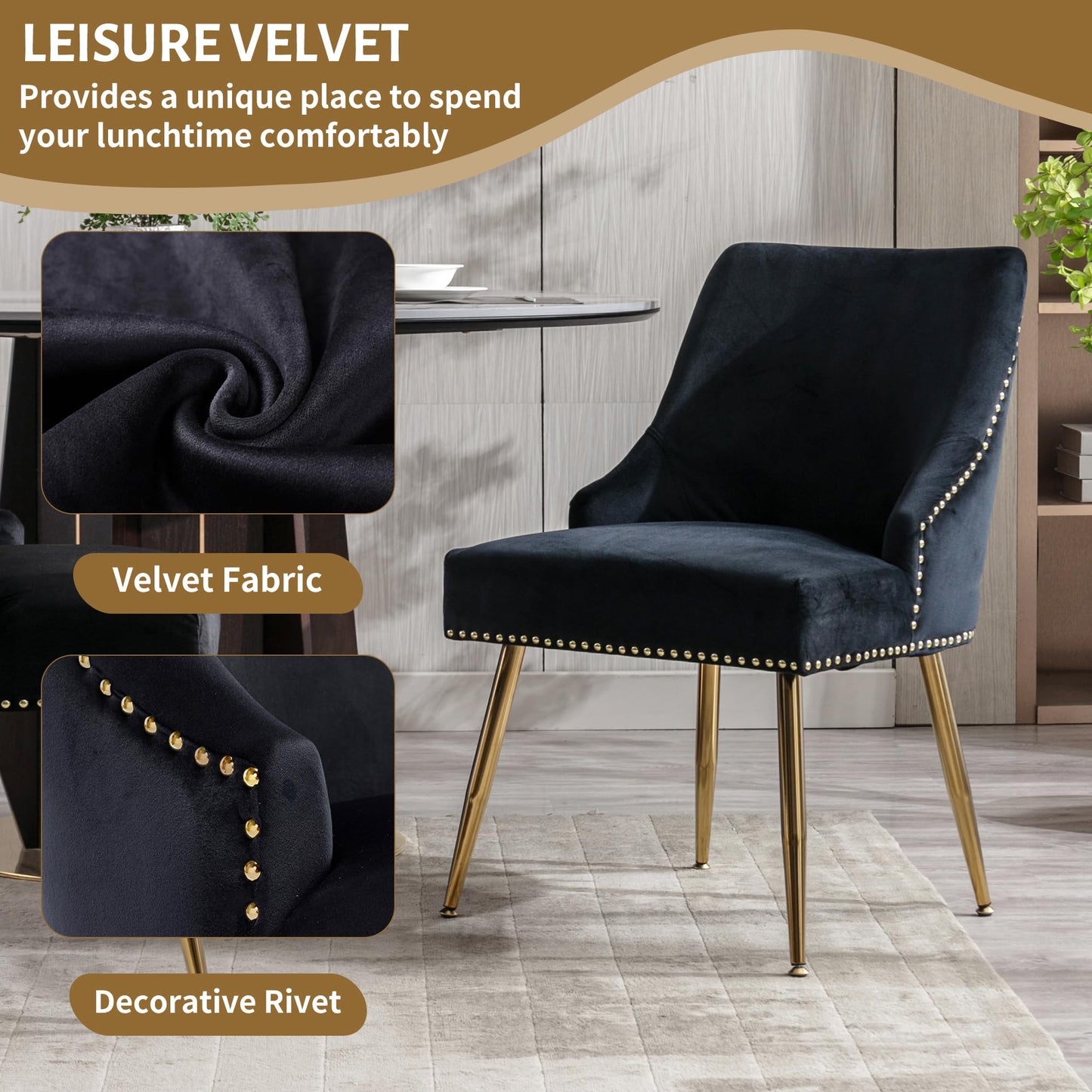 KCC Velvet Dining Room Chairs Set of 2 Nailhead Back Ring Pull Trim with Gold Legs for Kitchen Living Room(Black)