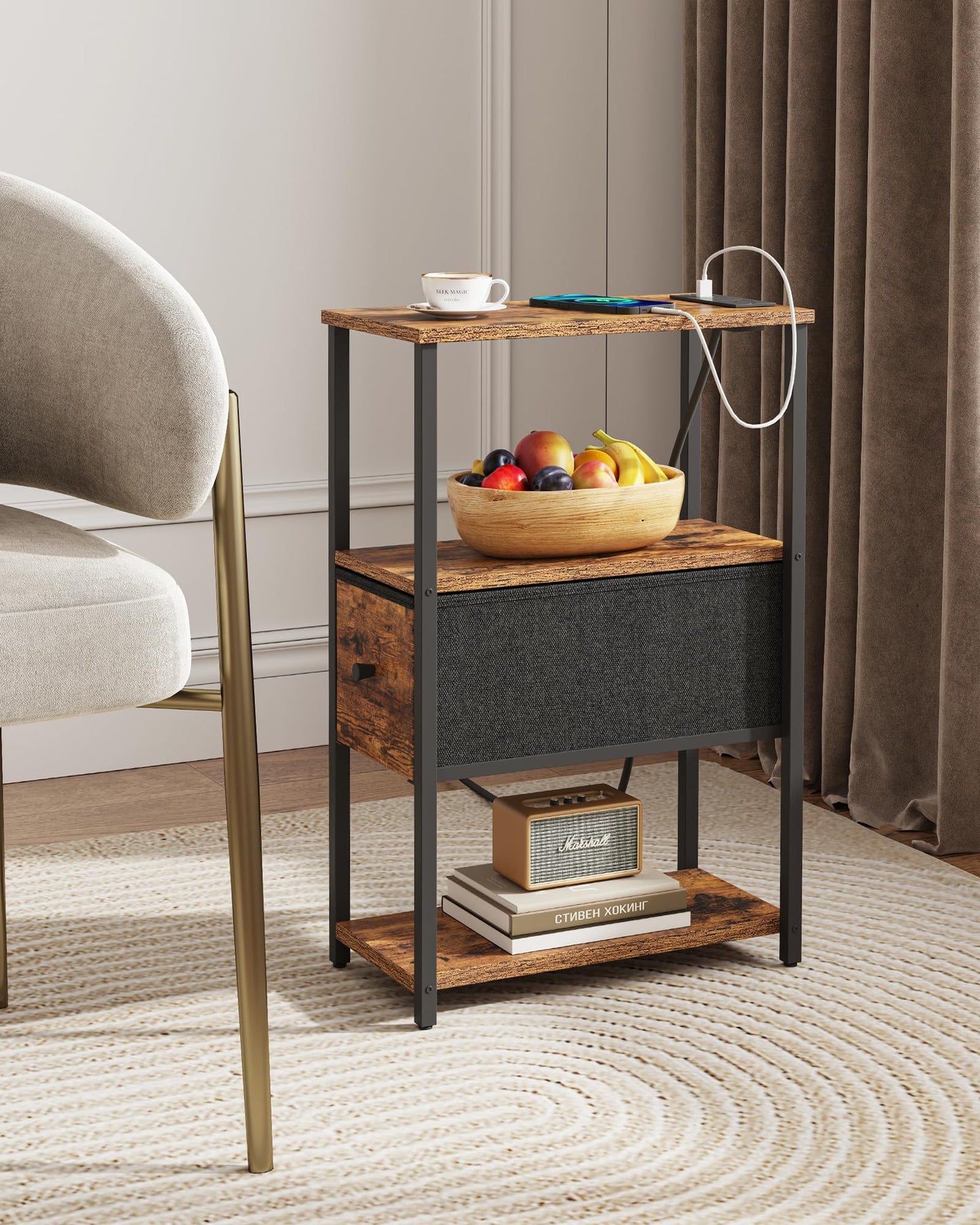 TUTOTAK Set of 2 Small Narrow End Table with Charging Station, Side Table with Outlets, Nightstand with Cloth Drawer, Couch Table, for Living Room, Bedroom, Bedside, Brown TB01BB058