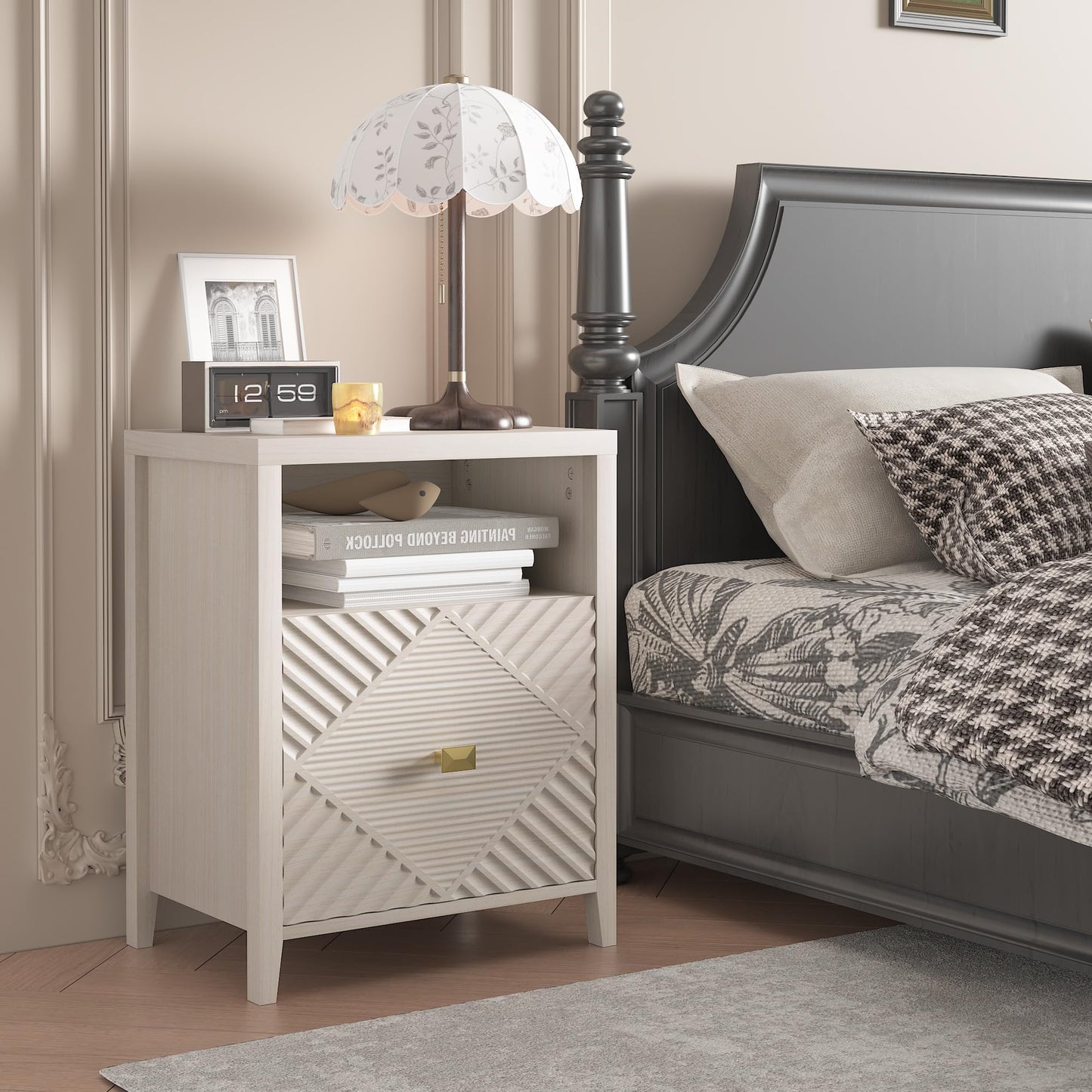 Modern Nightstand Side Table with USB Charging Port, Diamond Pattern Drawer, Black (2, Light Brown)
