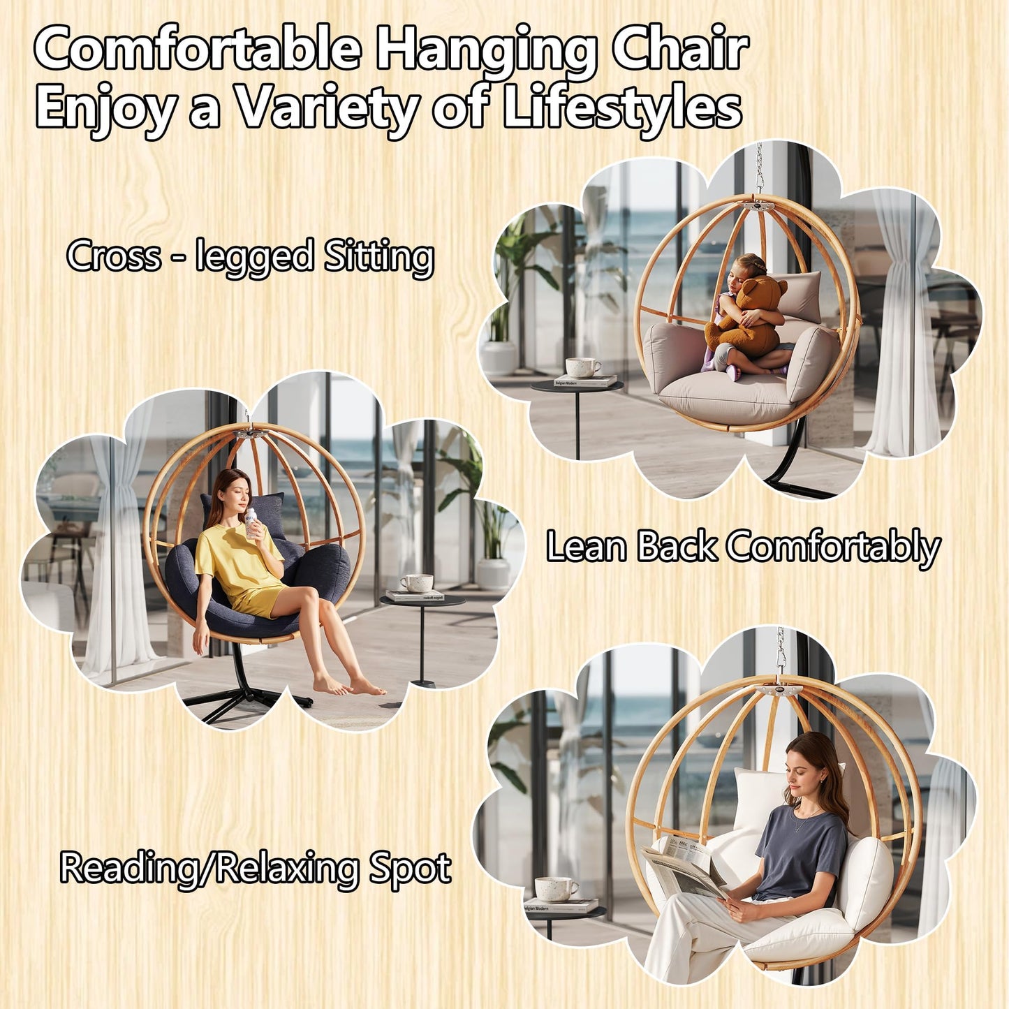 DAYARUS Egg Swing Chair with Stand, Metal Hanging Egg Chair with Cushions, Heavy Duty 400LBS Imitation Wicker Egg Chairs Outdoor, 80" H Hanging Chairs Cozy Basket Seat for Bedroom/Balcony, Charcoal