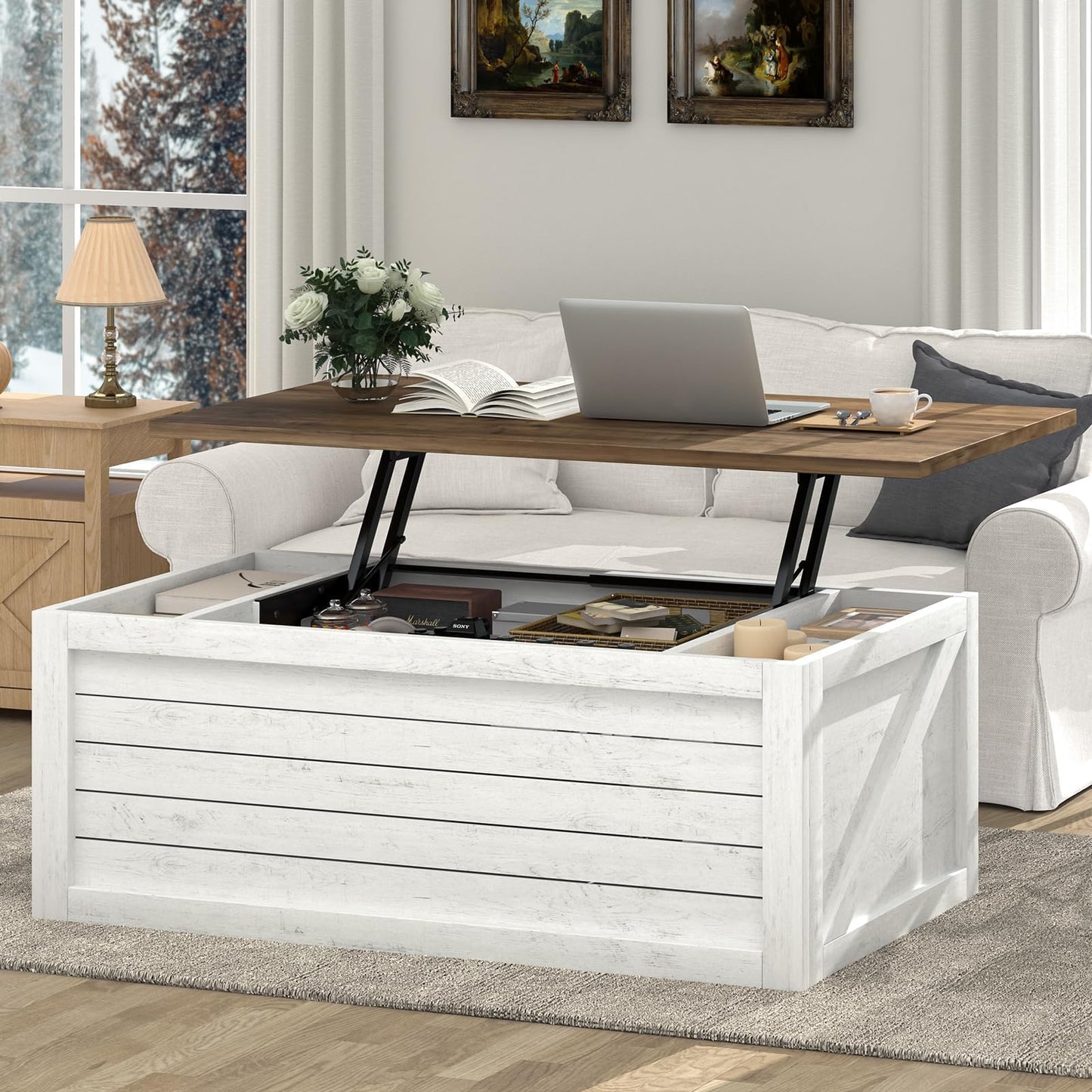 REVOMINCA Farmhouse Coffee Table Lift Top with Storage, 48 Inch White Coffee Table with Sliding Barn Doors, White Center Table with Large Hidden Storage Compartment for Living Room